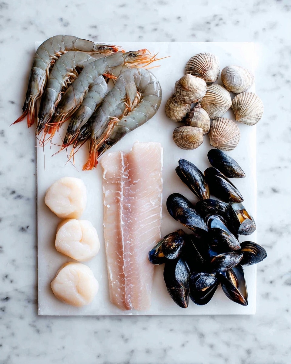 The image shows a layout of fresh seafood on a white marbled surface. From the top left, there is a pile of raw shrimp with a mix of light grey and pale pink shells. Next to the shrimp on the right, there are small round clams with brown and tan striped shells. Below the shrimp and clams, a long, smooth, pale white fish fillet is placed horizontally across the middle. At the bottom left corner below the fish fillet, there are several round, light beige scallops scattered loosely. At the bottom right, a cluster of dark black mussels with hints of blue is arranged in a small pile. All items are placed on a white sheet, highlighting their fresh and clean look. photo taken with an iphone --ar 4:5 --v 7