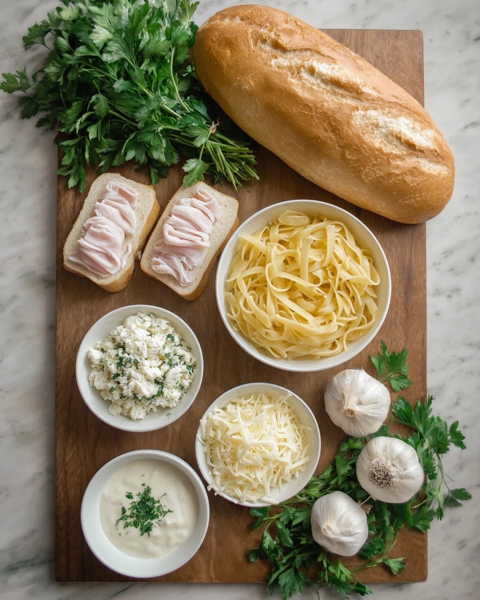 The image shows a wooden board with several food items neatly arranged on it. In the center, there is a white bowl filled with plain cooked pasta that has a smooth and slightly shiny texture. To the left of the pasta, there are four pieces of small white bread rolls, each topped with a light pink slice of deli meat. Below these, three small white bowls hold different creamy white sauces or cheeses, with one mixed with some green herbs. On the right side of the board, there is a whole loaf of crusty bread in a light golden brown color, showing some cracks on the surface. Surrounding the bread and bowls are fresh green parsley sprigs and two bulbs of garlic with pale purple skin. All items are placed on a surface with a white marbled texture photo taken with an iphone --ar 4:5 --v 7