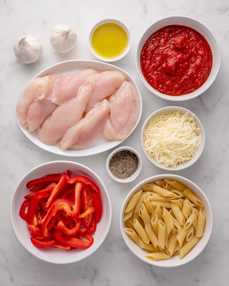 A round black pan filled with penne pasta mixed with pieces of light brown chicken and covered by a thick layer of melted white cheese with golden brown spots from baking. The cheese layer looks gooey and stretches over the pasta. Bright green chopped herbs are sprinkled evenly on top, adding fresh color. The pasta beneath the cheese is orange-red from sauce, visible in some parts near the edges. The pan sits on a white marbled surface photo taken with an iphone --ar 4:5 --v 7