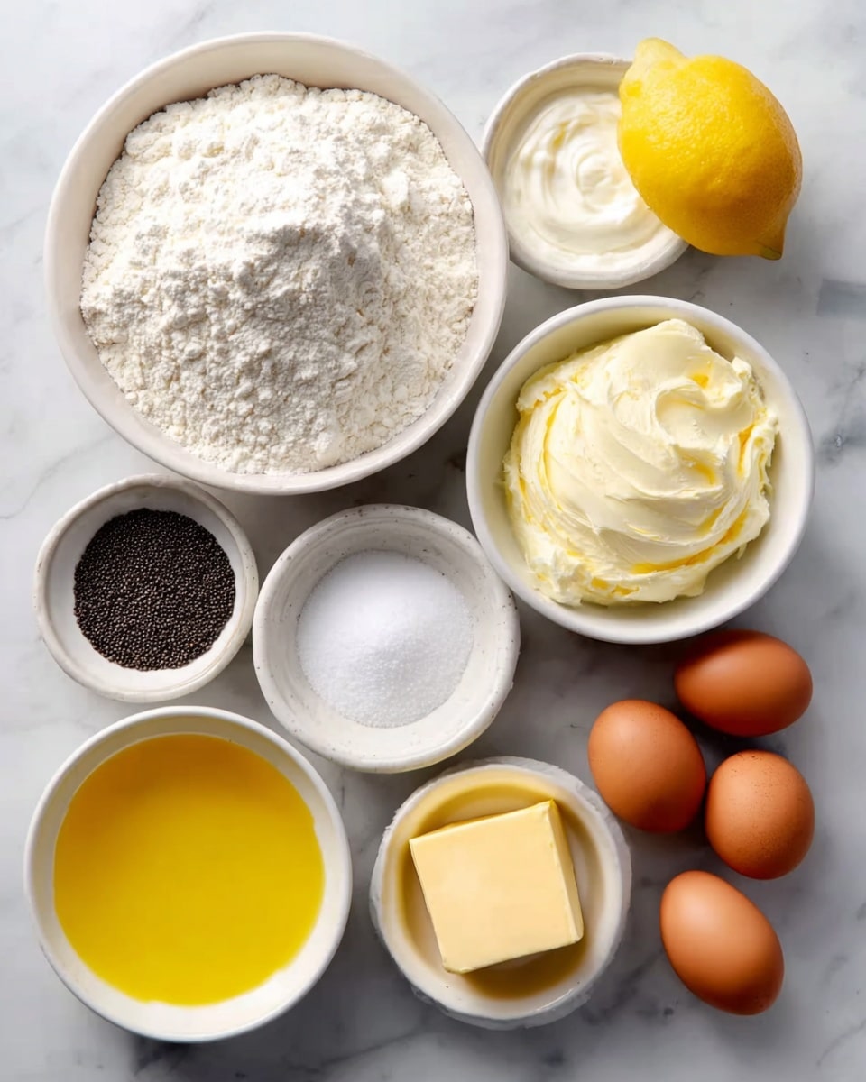 The image shows eight ingredients on a white marbled surface arranged neatly. There are three whole brown eggs on the lower right. Next to them are a bright yellow lemon and a small white bowl filled with fine white sugar. Near the center bottom, a small white bowl holds small black seeds. To the left, another small white bowl contains a light yellow creamy butter. A larger white bowl at the top left is filled with white flour. Above the flour is a medium white bowl with thick white cream or yogurt. At the bottom left corner, a white bowl contains golden yellow liquid, likely melted butter or oil. Near it is another small white bowl with clear light yellow oil and a small cube of pale yellow butter floating inside. photo taken with an iphone --ar 4:5 --v 7