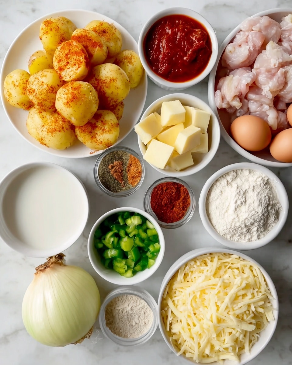 The image shows a top view of various ingredients placed in white bowls and plates on a white marbled surface. There are two larger bowls containing light yellow roasted potato halves with a sprinkle of red seasoning and pieces of raw light pink chicken. A whole white onion sits near the center. Five brown eggs rest on a round white plate. Smaller white bowls contain bright green chopped green peppers, pale yellow cubed butter, white flour, white shredded cheese, and a rich red tomato sauce. Another small bowl holds three piles of dry spices in green, dark red, and orange colors. A larger bowl filled with white milk or cream is also visible. The layout is neat and organized, highlighting the variety of colors and textures. Photo taken with an iphone --ar 4:5 --v 7