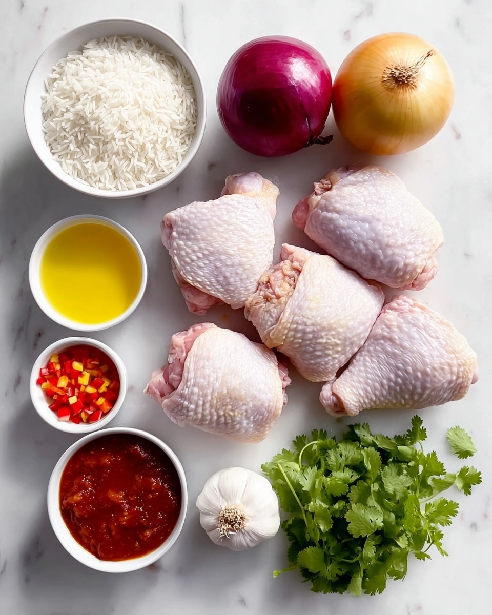 The image shows raw ingredients arranged neatly on a white marbled surface. There are four pieces of raw chicken thighs with skin, laying close together in the center right. At the top right, there are two whole onions, one yellow and one red. Around the chicken, there are small white bowls each with different contents: one bowl holds white rice at the top left, below it is a bowl with yellow olive oil, to the left bottom is a bowl of bright red chopped tomatoes, and below the chicken is a bowl filled with a dark red chili sauce. At the bottom left corner lies a full head of garlic, and to the bottom right is a small bunch of fresh green cilantro leaves. Everything is clear, colorful, and fresh. Photo taken with an iphone --ar 4:5 --v 7