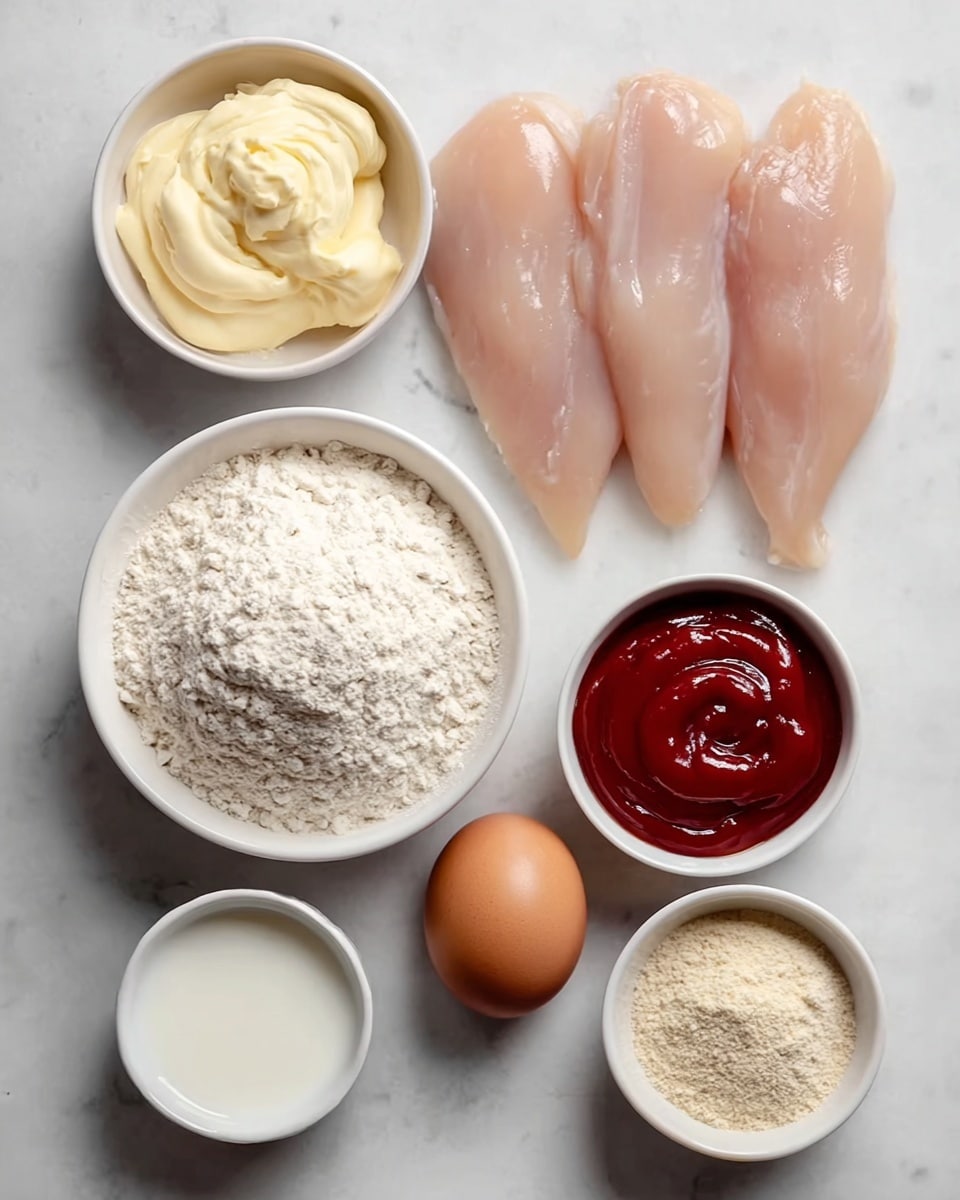The image shows raw ingredients neatly arranged on a white marbled surface. On the right, there are four raw, pale pink chicken fillets stacked vertically. To the left of the chicken, there is a brown egg placed in the middle. Surrounding the egg and chicken are six small white bowls containing different ingredients: at the top left, a bowl of creamy, pale yellow mayonnaise; below that, a bowl filled with white flour waiting to be used; next to the egg, a small bowl with a white liquid, likely milk; below that, another bowl of a light beige powder; and to the right of it, a bowl with smooth, dark red ketchup. The arrangement is clean and simple with all the elements clearly visible. photo taken with an iphone --ar 4:5 --v 7