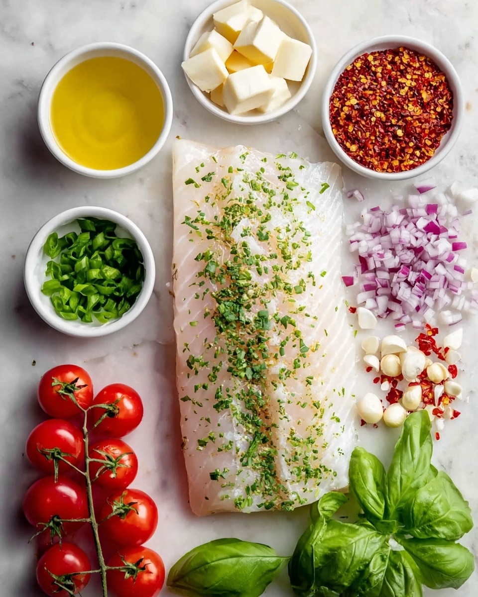 The image shows a large white raw fish fillet sprinkled with small green herbs placed in the center on a white marbled surface. Around the fish, there are six small white bowls with different ingredients: top left is a bowl of yellow oil, top center has red chili flakes, top right contains cubes of pale yellow butter, bottom left holds chopped green onions, and bottom center has chopped red onions. To the right of the fish fillet, there are bright red cherry tomatoes and fresh dark green basil leaves arranged neatly. There are also small piles of minced garlic and red chili flakes directly on the marble surface near the fish. The photo taken with an iphone --ar 4:5 --v 7