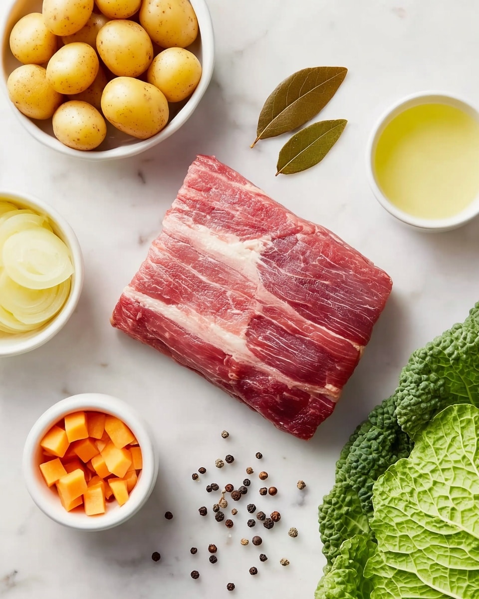 The image shows a raw rectangular piece of red meat with light white fat streaks placed on a white marbled surface in the center. Surrounding it are five whole light yellow potatoes in a white bowl to the top left, three dark green bay leaves above the meat, and a white bowl with a pale yellow liquid to the top right. To the right in a white bowl are small orange carrot cubes, while to the bottom left there is another white bowl holding round slices of light yellow potatoes. At the bottom right, a fresh green cabbage with layered leaves is placed. Scattered near the meat are small black and white peppercorns. Photo taken with an iphone --ar 4:5 --v 7