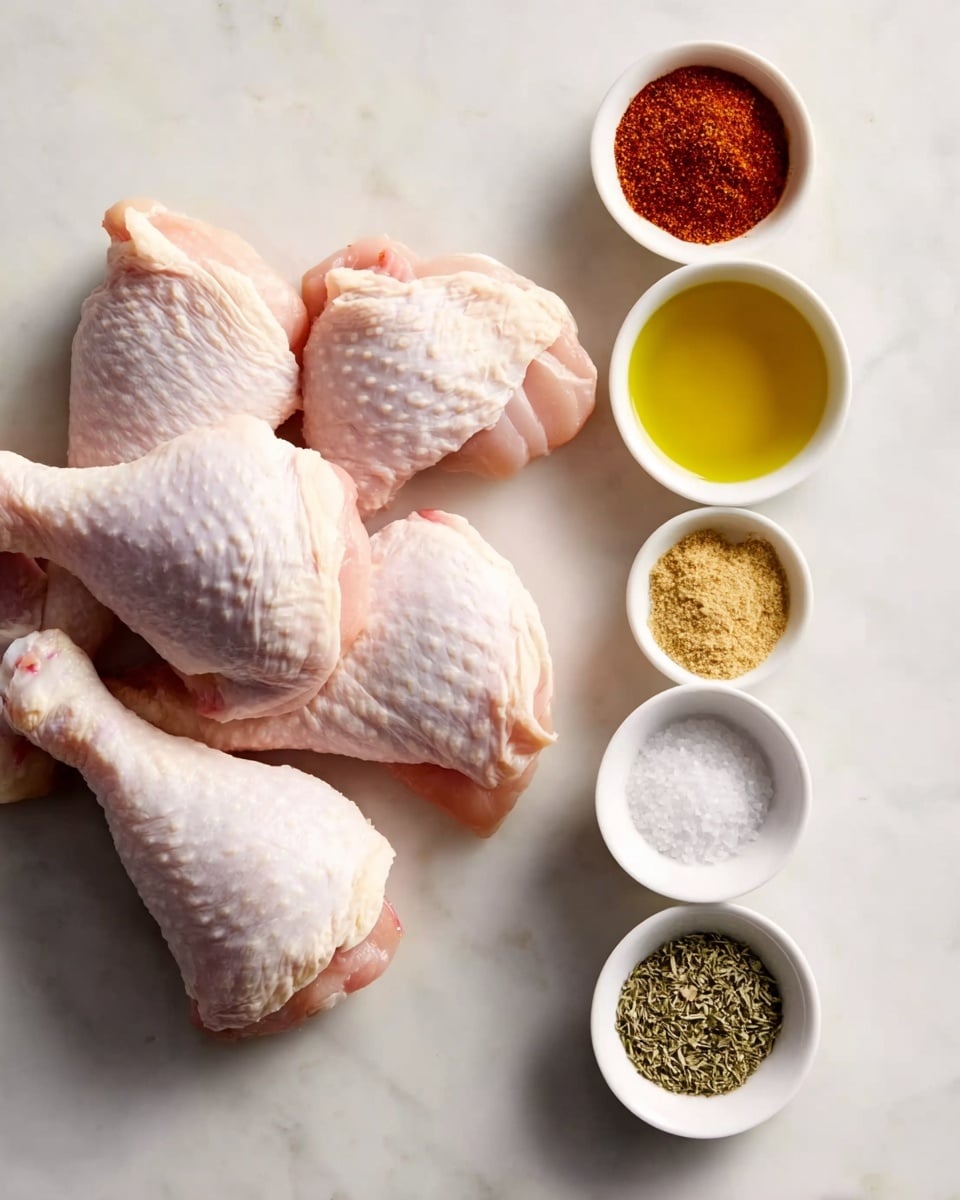 The image shows seven raw chicken drumsticks laid out on a white marbled surface on the left side, each with pale pink skin and a textured surface. To the right, four small white bowls are arranged vertically, each containing a different ingredient: the top bowl holds a deep red spice powder, the second bowl from the top contains a bright yellow liquid, the third bowl holds coarse white salt, and the bottom bowl contains green dried herbs. Everything is neat and clearly separated on the smooth white marbled background, photo taken with an iphone --ar 4:5 --v 7