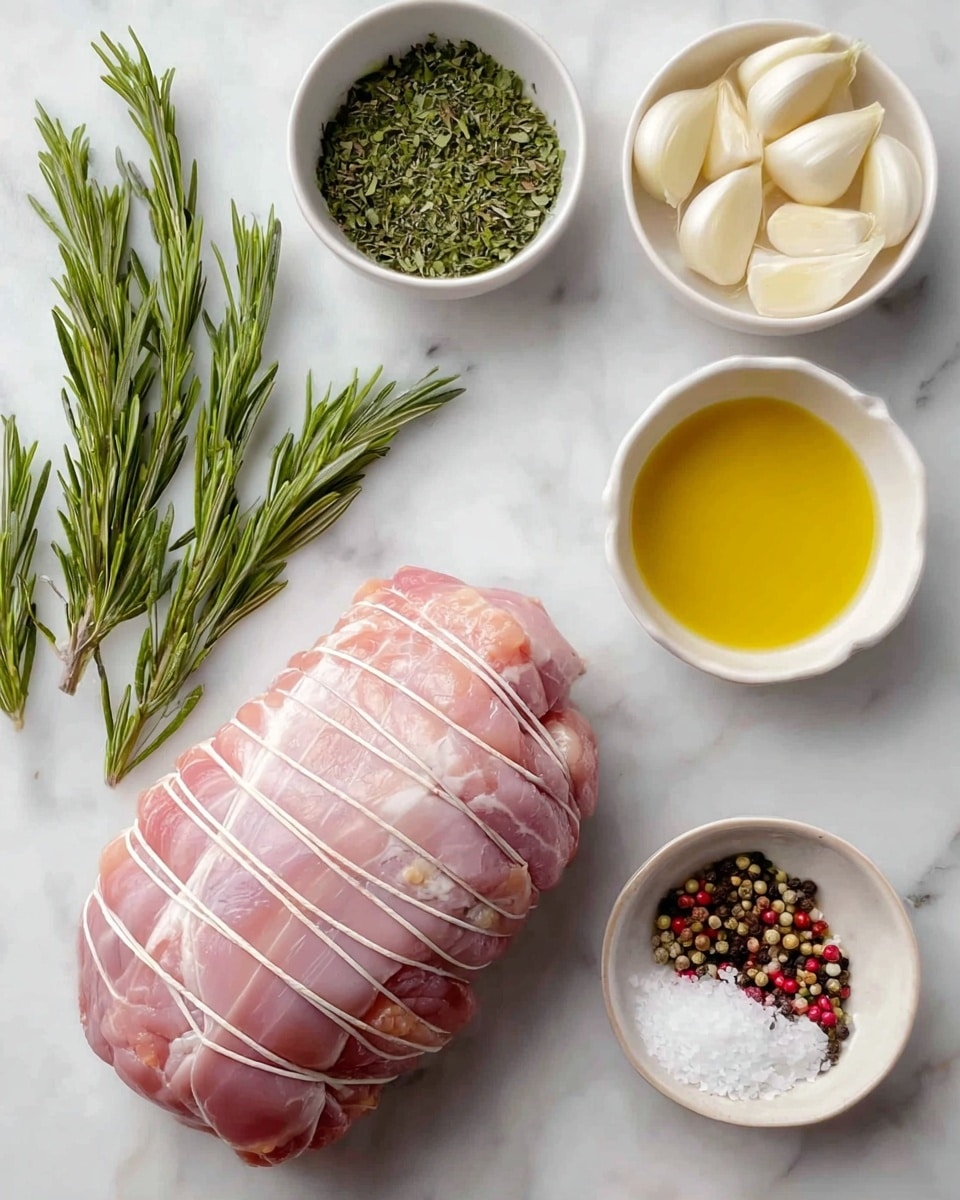 The image shows a raw tied piece of chicken meat with pale pink skin and white fat lines, placed on a white marbled surface. To the left of the chicken, there are fresh green rosemary sprigs with needle-like leaves. Above the rosemary, there is a small white bowl filled with dried green herbs. Next to the bowl, there are several raw garlic cloves with smooth, white skin. To the right of the garlic, there is a small white bowl filled with clear golden olive oil. Below the oil, another small white bowl contains coarse white salt with a few black, brown, and red peppercorns scattered on top. All items are neatly arranged in an organized layout with a clean white marbled background. Photo taken with an iphone --ar 4:5 --v 7