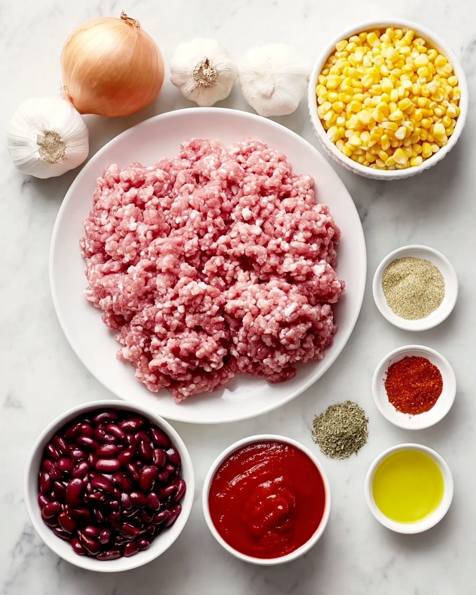 The image shows ingredients arranged neatly on a white marbled surface. In the center, there is a white bowl filled with two piles of raw ground meat, pink with white fat bits. To the top left, there is a white onion and two garlic bulbs. On the top right, a white bowl is full of yellow corn kernels. Below the corn are three small white bowls stacked vertically: the top bowl contains green dried herbs, the middle one red chili powder, and the bottom one white salt. On the bottom left, a white bowl holds dark red kidney beans. To the right of it, another white bowl contains thick red tomato sauce. Lastly, a small white bowl on the bottom right is filled with yellow oil. All the bowls and items are placed orderly and clearly visible. Photo taken with an iphone --ar 4:5 --v 7