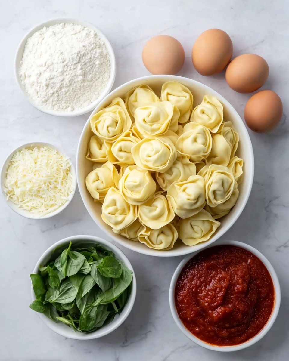 A white bowl full of yellow tortellini pasta is in the center on a white marbled surface. Around it, there are three brown eggs on the top right, a small white bowl of white flour on the top left, a small white bowl with grated white cheese on the bottom left, a small white bowl with fresh green basil leaves on the bottom center, and a small white bowl with red tomato sauce on the bottom right. The scene is bright and clear, showing all the ingredients neatly placed. Photo taken with an iphone --ar 4:5 --v 7