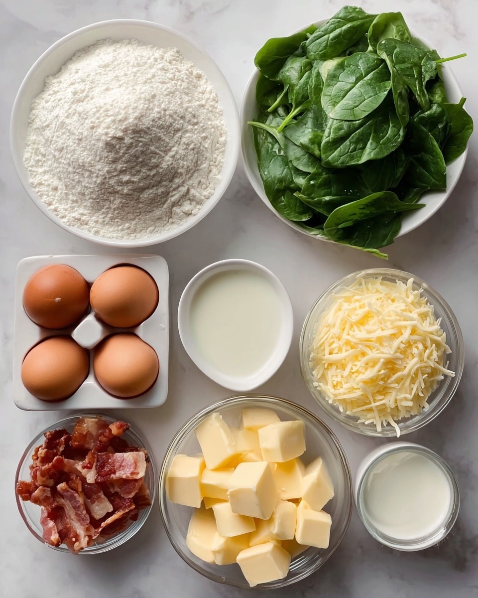 The image shows seven white dishes arranged on a white marbled surface. Starting from the top left, there is a large white bowl filled with white flour, next to it is a white bowl with fresh green spinach leaves. Below the flour bowl is a long white tray holding four brown eggs, with three clear ice cubes beside it. To the right of the eggs is a medium white bowl of milk. To the right of the milk, a white plate holds several cubes of pale yellow butter. Below the butter plate is a white plate filled with cooked, crispy bacon pieces that are reddish-brown with some darker spots. Below the eggs, there is a clear glass bowl filled with shredded yellow cheese. The whole setup is clean and bright. photo taken with an iphone --ar 4:5 --v 7