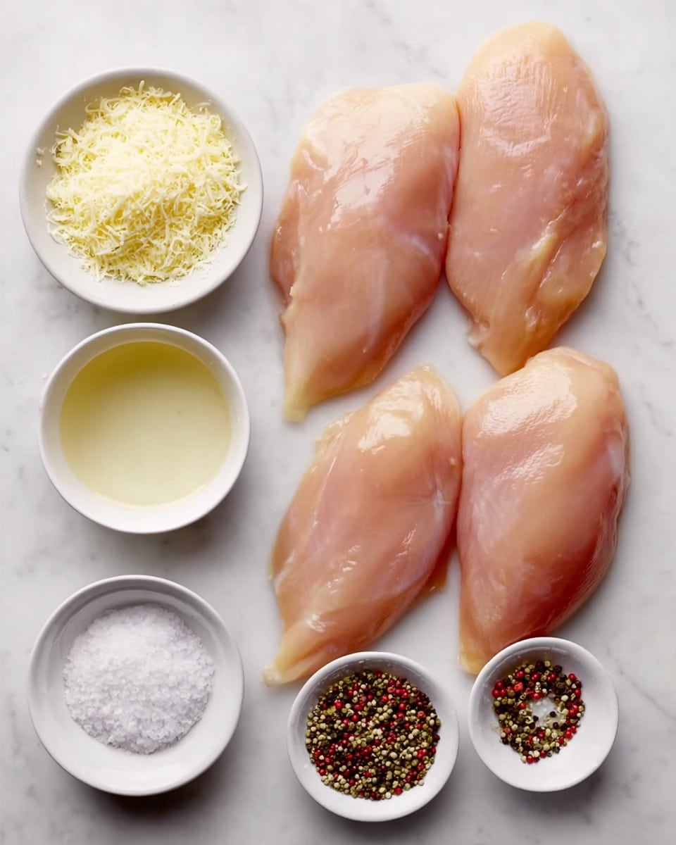 The image shows three raw chicken pieces lined up horizontally on a white marbled surface. Above the chicken, there are two small white bowls placed side by side; the left bowl contains a light yellow powdery substance, and the right bowl holds a clear liquid. Below the chicken, two more small white bowls are placed side by side; the left bowl contains coarse white salt, and the right bowl holds a mix of black, white, and red peppercorns. The overall look is clean and simple, with the ingredients neatly arranged and well lit. photo taken with an iphone --ar 4:5 --v 7