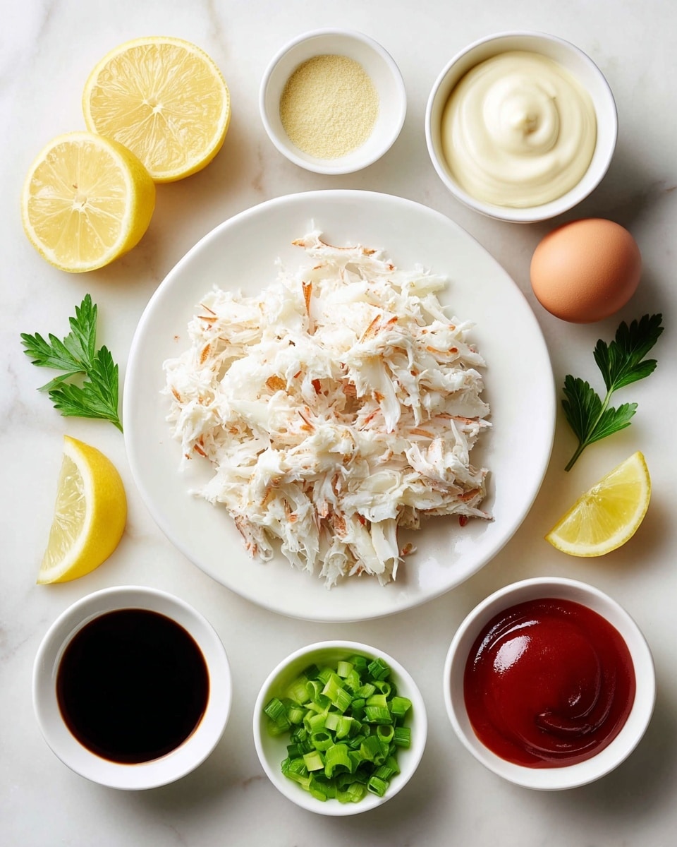 The image shows several ingredients arranged neatly on a white marbled surface. In the center right, there is a white plate piled high with shredded white crab meat that has some light pink spots. At the top right is a small white bowl filled with creamy white mayonnaise. To the left of the crab meat are two light brown eggs next to three slices of lemon, two whole slices stacked and one half slice placed with the cut side up. Below the eggs is a small white bowl filled with granular white grated cheese. Below the cheese, there is a small white bowl holding a dark brown soy sauce. At the bottom center is a small white bowl filled with chopped green celery. To the right of the celery bowl is another small white bowl that contains bright red ketchup. Fresh green parsley sprigs are placed on the marbled surface near the ingredients, adding a fresh touch. Photo taken with an iphone --ar 4:5 --v 7