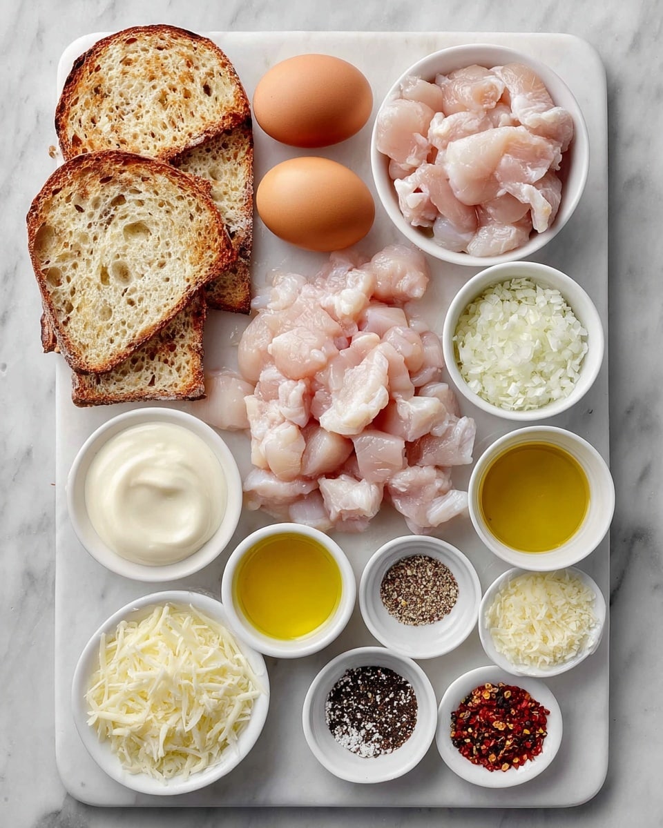 A white marble surface holds a white rectangular plate arranged with cooking ingredients. On the top left, two slices of toasted brown bread rest side by side, showing a golden crust and airy white inside. To their right, there is one brown egg and a small white bowl filled with bright yellow oil. Below the egg and oil, a pile of small, pale pink chicken pieces spreads out. Near the bottom right, four brown eggs lay close together. Surrounding these main ingredients are small white bowls: one with creamy white mayonnaise-like sauce beside the eggs, one filled with shredded white cheese positioned centrally, and another with a smaller pile of finely grated white cheese at the bottom left. Between them are tiny white containers holding black peppercorns, mixed spices, finely chopped onions, and red chili flakes at the bottom center. The whole spread is neat and well-lit, arranged on the white marbled texture surface. photo taken with an iphone --ar 4:5 --v 7