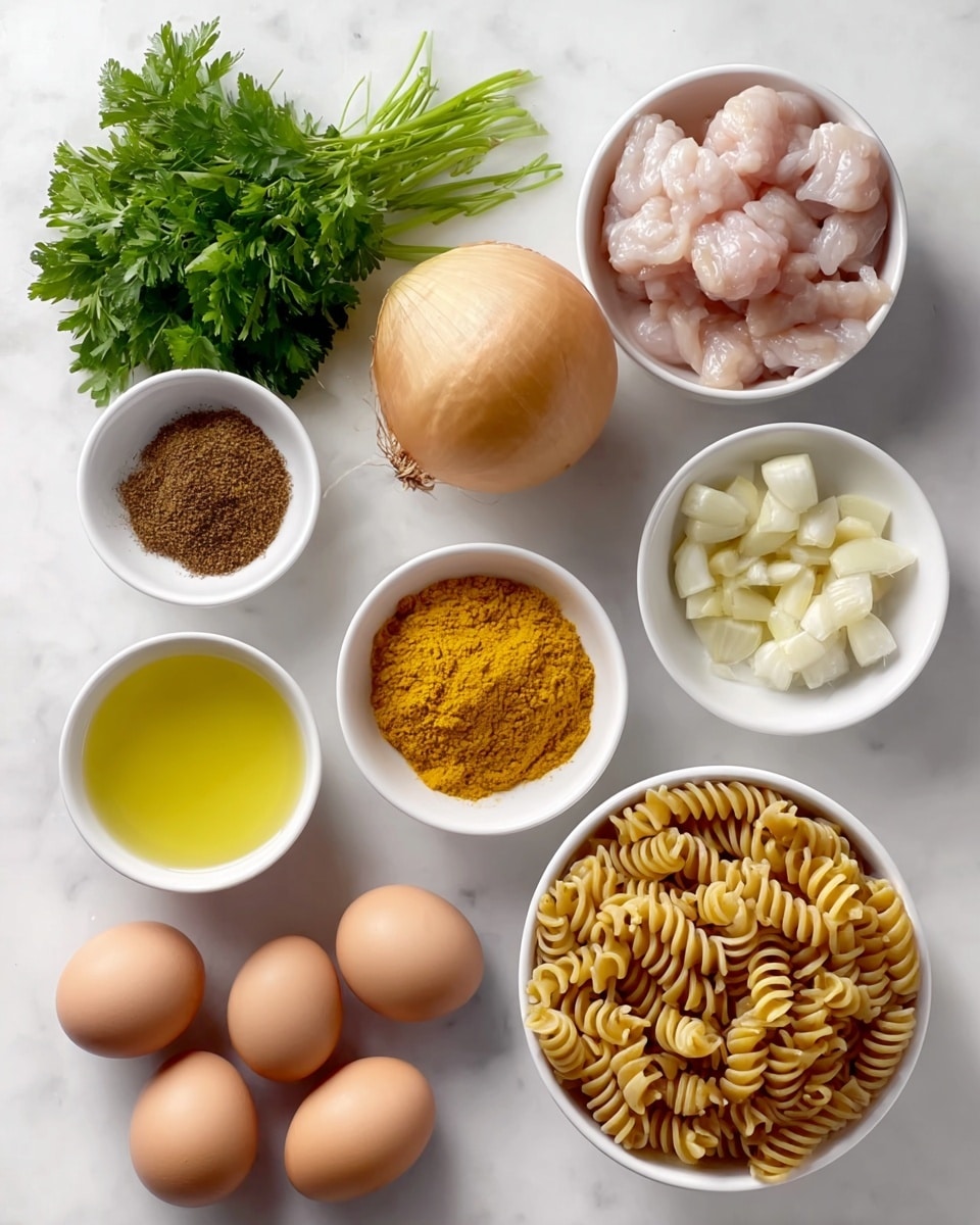 The image shows a white marbled surface with several white bowls and loose items arranged neatly. At the top right, a white bowl is full of raw light pink chicken pieces. To its left, bright green parsley leaves stand upright behind a whole onion with a pale yellow skin. Below the parsley, a small white bowl contains chopped garlic pieces, and underneath it, another white bowl holds a bright yellow olive oil. Next to the olive oil, a bowl is filled with a heap of bright yellow-orange powder, likely turmeric. Below that, a bowl of uncooked, pale yellow spiral pasta fills the frame. In front of the bowls, three brown eggs sit directly on the white marble surface. There is also a small bowl of brown powder, possibly a spice, near the eggs. The overall color contrast between the white dishes, colorful ingredients, and the marbled surface is clear and crisp. Photo taken with an iphone --ar 4:5 --v 7