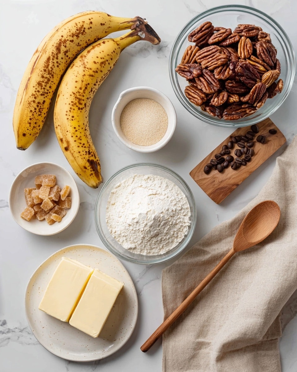 The image shows several ingredients placed on a white marbled surface. There are two yellow plantains with brown spots on their skin at the top left. Below them is a small round white bowl with light brown granulated sugar. To the right, there is a clear glass bowl filled with dark brown roasted pecans, sitting on a small wooden board. In the center, a white bowl contains white flour with a soft, powdery texture. Next to it on the left is a white plate holding three thick, pale yellow sticks of butter. At the bottom left, a small white bowl contains small chunks of brown sugar or a similar textured ingredient. On the right side of the image, a clear glass bowl shows a fine white powder, likely sugar, resting partly on a beige cloth. A wooden spoon with rich brown color lies diagonally on the beige cloth. Photo taken with an iphone --ar 4:5 --v 7