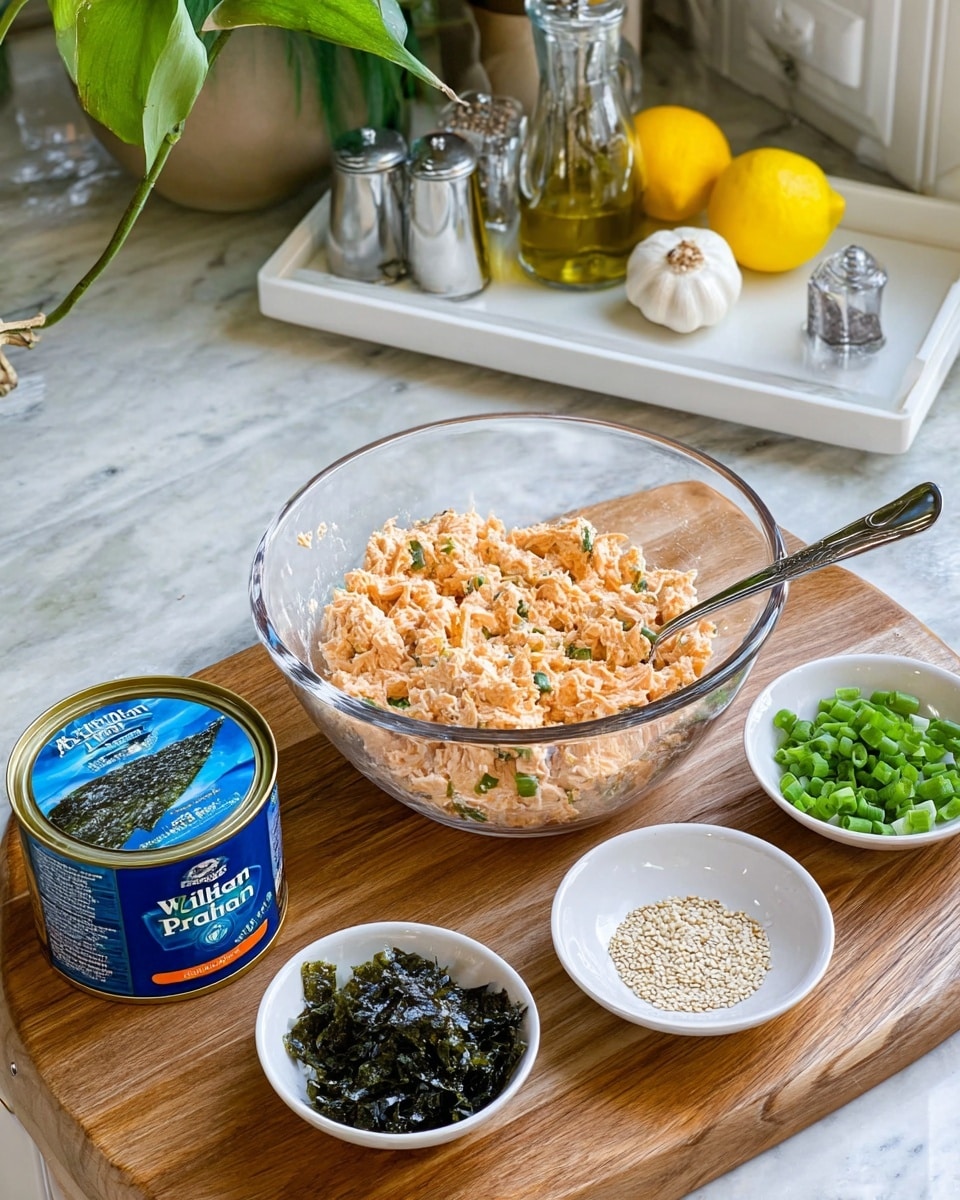 A clear glass bowl sits on a wooden board with light orange tuna mixed with a creamy white sauce and bits of green onions inside, with a silver spoon resting on the right side of the bowl. In front of the bowl is a blue and orange can of tuna. To the left of the can, a small white bowl holds bright green chopped scallions. To the right of the can are two small white bowls, one filled with white sesame seeds and the other with a dark green seaweed mix sprinkled with white and orange bits. The surface and background feature a white marbled texture with a white tiled wall and white salt and pepper shakers in the background, and a woman's hand is not present. Photo taken with an iphone --ar 4:5 --v 7