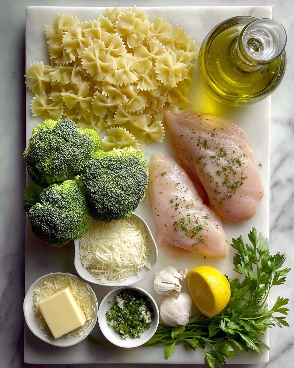 The image shows a white marble textured surface with fresh ingredients neatly arranged. On the left side, there is a pile of dry farfalle pasta in light yellow. Below that, there are two large dark green broccoli heads with visible florets. In the center, two raw, pale pink chicken breasts are sprinkled with green herbs. Above the chicken breasts is a clear glass bottle filled with light golden oil. To the right, there are three white bowls: one filled with grated cheese topped with two small square slices of pale yellow butter, the second bowl contains a mix of grated cheese and chopped green herbs, and the third holds fresh green parsley stems. Nearby, a peeled garlic bulb, one whole clove, and half a bright yellow lemon with its inside visible complete the scene. The photo was taken with an iphone --ar 4:5 --v 7