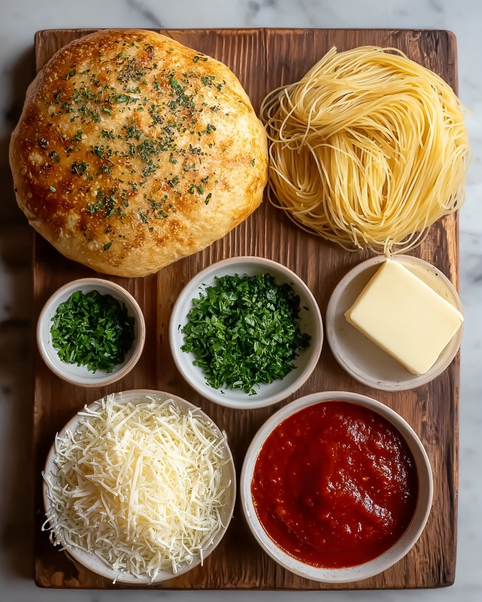 The image shows small round bread bowls with a golden-brown crust, hollowed out and filled with three visible layers. The bottom layer is a bed of spaghetti noodles coated in a rich red tomato sauce with bits of ground meat. On top of the noodles, there is a melted white cheese layer that looks smooth and slightly stringy, sprinkled with bright green chopped herbs. The bread bowls are placed on a white marbled surface with some scattered green herbs around. Photo taken with an iphone --ar 4:5 --v 7