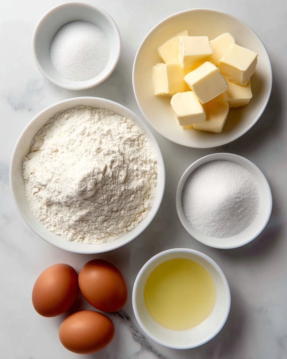 The image shows six white bowls and three brown eggs arranged on a white marbled surface. The largest bowl in the bottom left holds a heap of white, powdery flour with a rough texture. Above it to the right, a smaller bowl contains several large cubes of creamy, pale yellow butter that look soft. Below the butter, three smooth brown eggs are placed side by side. To the left of the eggs, a small white bowl holds clear, pale yellow liquid, likely oil. Above this, a medium-sized bowl is filled with fine white sugar, looking granular and shiny. Finally, in the top left corner, another small bowl holds a similar amount of white granulated sugar. photo taken with an iphone --ar 4:5 --v 7