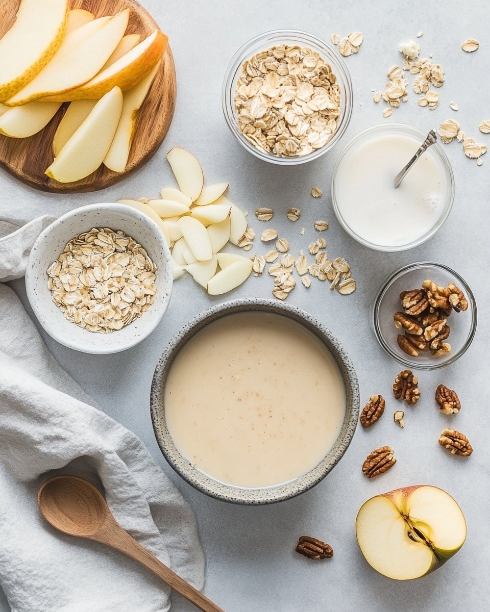 A close-up view of a rectangular bar held above a group of similar bars arranged tightly together on a white marbled surface. Each bar has a rough, crumbly texture in a medium brown color with visible chunks of light tan apple pieces and specks of oats throughout. The tops are decorated with whole pecans, scattered oats, and a light drizzle of white icing in a crisscross pattern. The bars are thick and dense, with a moist appearance showing natural ingredients mixed inside. Photo taken with an iphone --ar 4:5 --v 7