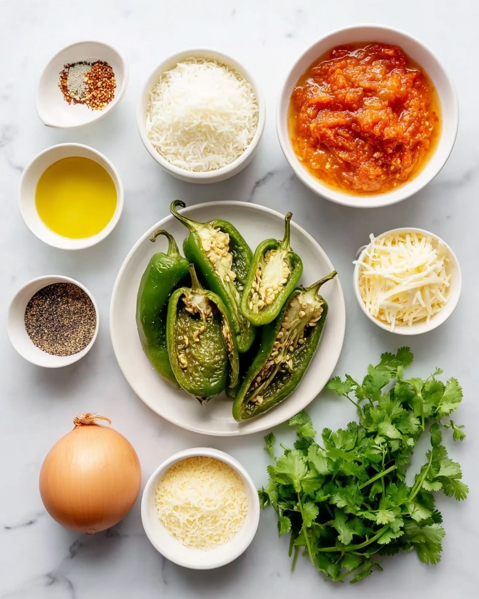 This image shows ingredients arranged neatly on a white marbled surface, including four green poblano peppers that are halved and deseeded on a white rectangular plate in the top left corner. To the right, there is a white bowl filled with cooked white rice, and below it a brown egg and a small white bowl of yellow olive oil. In the center lies a whole yellow onion surrounded by small white bowls holding different ingredients: red salsa made of chopped tomatoes, a reddish chunky paste, shredded white cheese, a mix of white salt and black pepper, plain black pepper, and fresh green cilantro leaves. Photo taken with an iphone --ar 4:5 --v 7