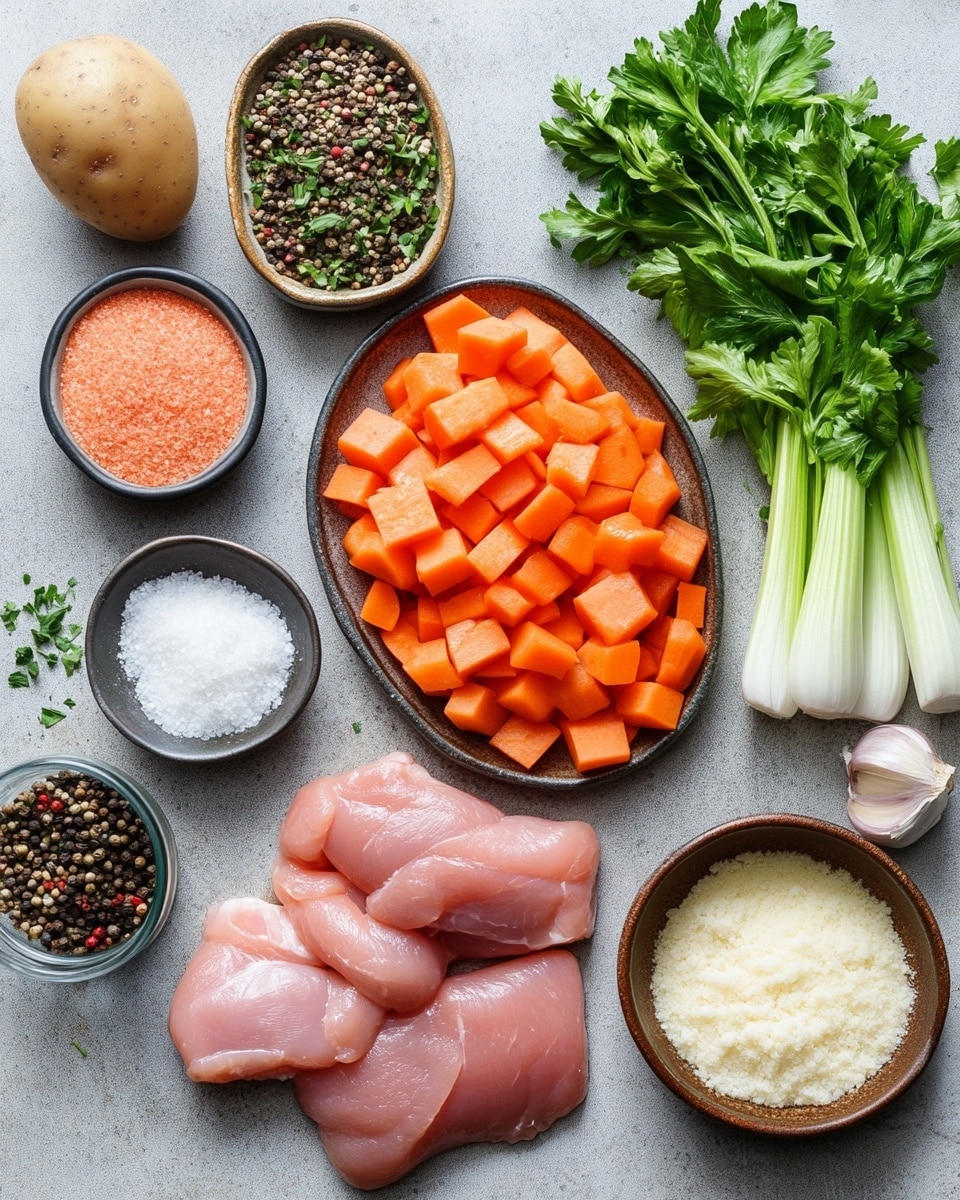 A white bowl filled with creamy chicken soup on a white marbled surface shows a mix of chunky yellow potato pieces, orange carrot slices, and shredded white chicken in a thick, pale yellow broth. Green herbs are sprinkled on top, adding small specks of color, and black pepper flakes are spread around. The soup looks rich and hearty, with the chunks and textures layered well within the broth. A piece of bread sits on a white marbled background next to the bowl and a loaf of bread rests on a wooden board nearby. A dark gray cloth is placed under the bowl. Photo taken with an iphone --ar 4:5 --v 7