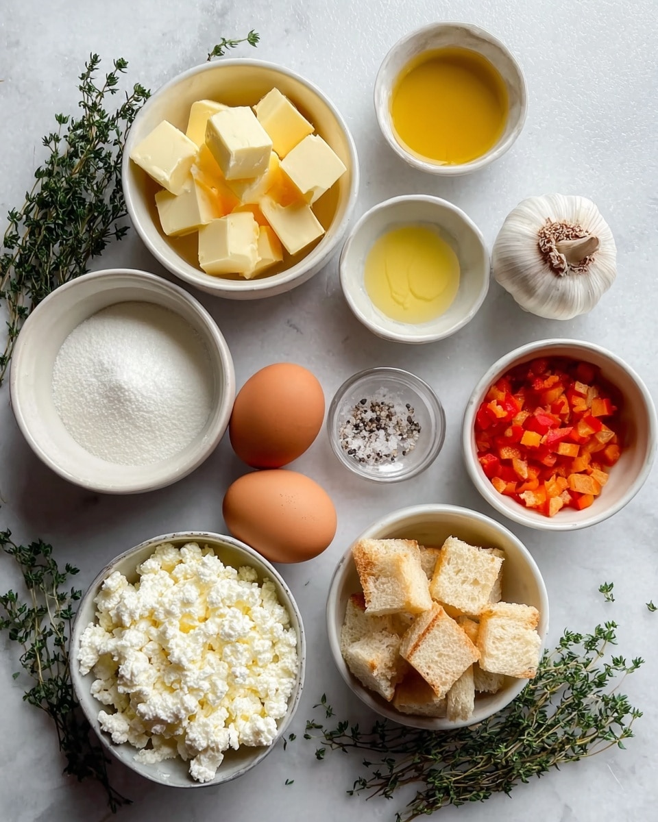 The image shows a collection of ingredients neatly arranged on a white marbled surface. There are three brown eggs on the left side, next to a whole bulb of garlic and two bunches of fresh green thyme. In small white bowls, there are cubed pale yellow butter, bright orange and red diced bell peppers, white flour, yellow olive oil, and golden brown croutons. A larger white bowl holds fluffy white cottage cheese. A very small white dish contains a mix of black pepper and salt. The ingredients are organized in a top-down view with good lighting, emphasizing the contrast of colors and textures. Photo taken with an iphone --ar 4:5 --v 7