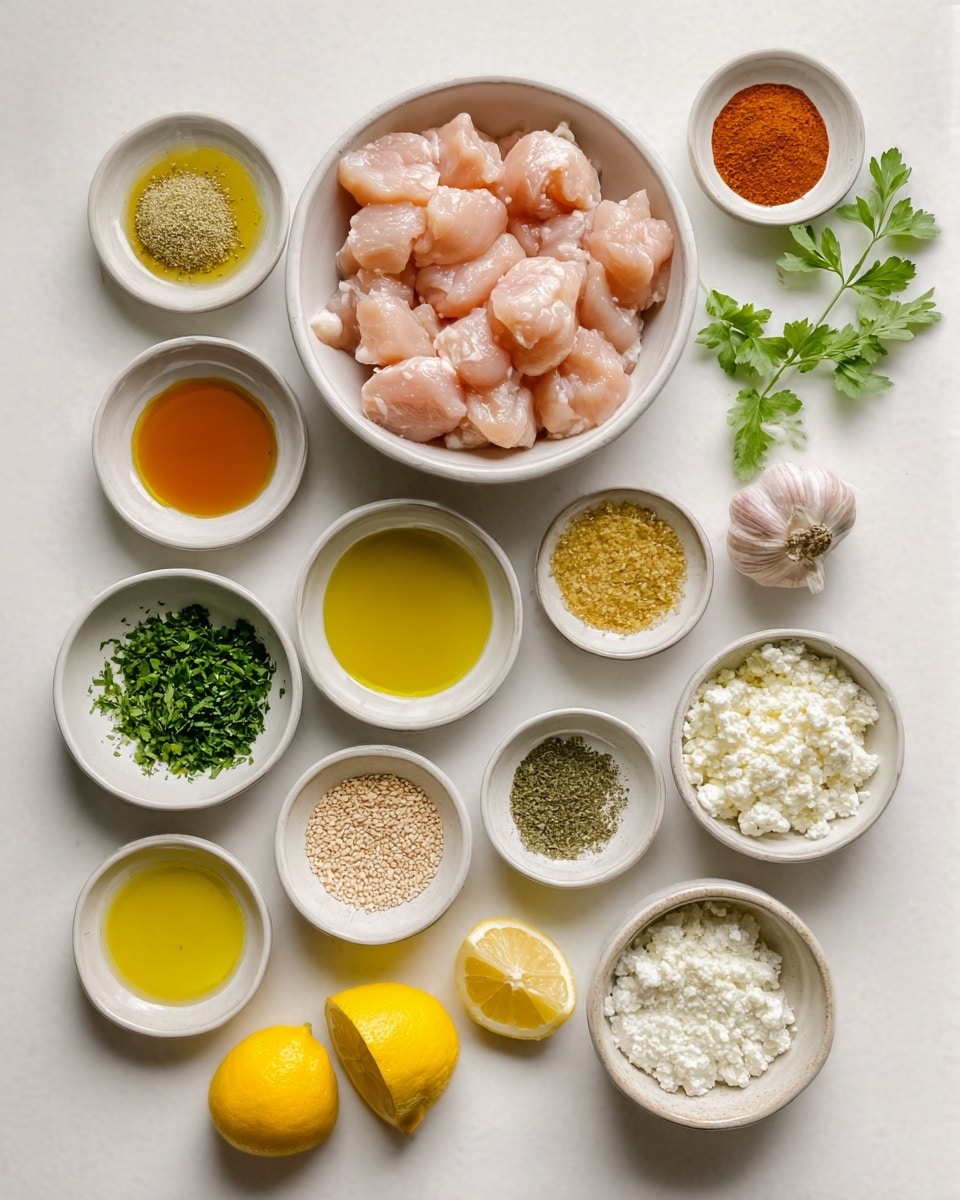 The image shows slices of cooked chicken arranged in two layers on a white plate. The chicken has a golden brown color with some dark grill marks and is covered in a shiny brown sauce. Small white crumbles, likely cheese, are sprinkled evenly on top. There are also small green herb pieces scattered over the chicken. The plate sits on a light blue cloth on a table with a white marbled texture background. In the blurred background, more food is visible, but the focus is on the chicken. Photo taken with an iphone --ar 4:5 --v 7
