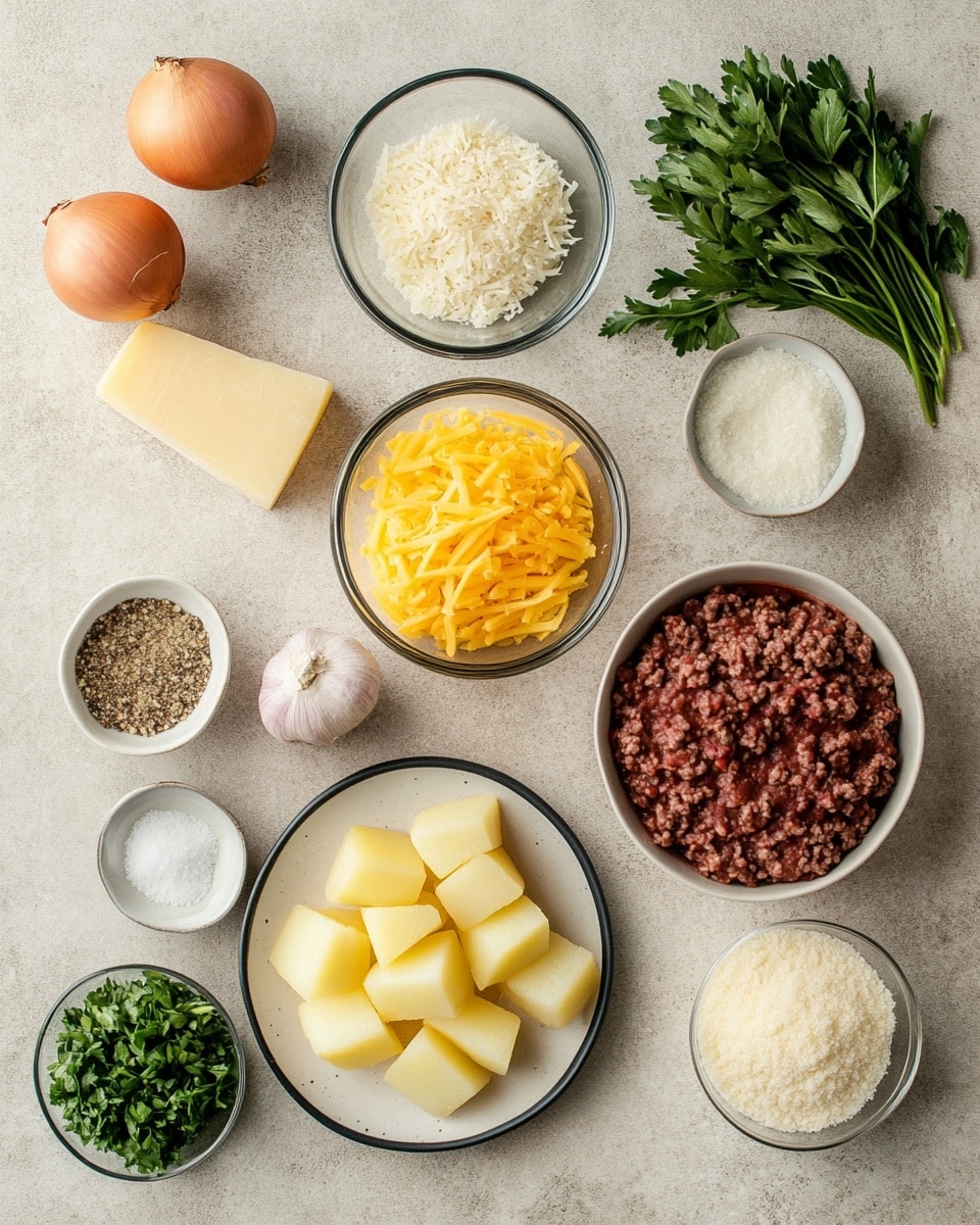 The dish is served on a white plate placed on a white marbled surface, featuring a layered casserole with three visible layers. The bottom layer is rich, brown cooked ground meat with a crumbly texture. The middle layer consists of neatly arranged, light yellow potato slices, soft and slightly translucent. The top layer is melted golden-yellow cheese with some slightly browned spots, spreading unevenly and garnished with small chopped green herbs sprinkled across the surface. Photo taken with an iphone --ar 4:5 --v 7