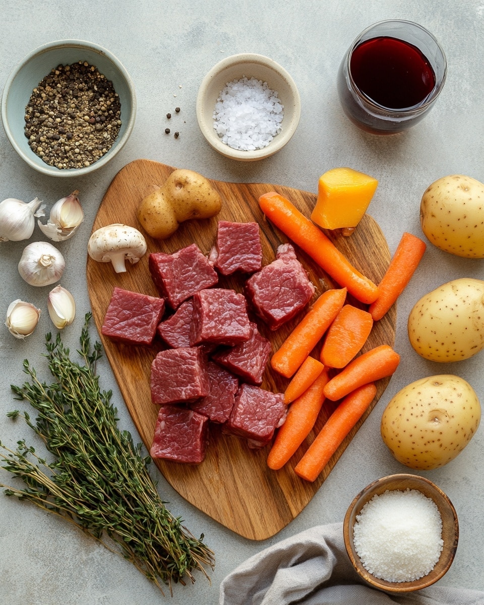 The image shows a close-up view of a rich stew with layers of glossy dark brown sauce covering chunks of dark brown beef, orange carrot slices, light golden small potatoes, and large mushroom slices. The ingredients are mixed together with some fresh green parsley sprinkled on top and a single bay leaf visible near the center. A wooden spoon is stirring the mixture from the right side, all set against a white marbled texture background. photo taken with an iphone --ar 4:5 --v 7