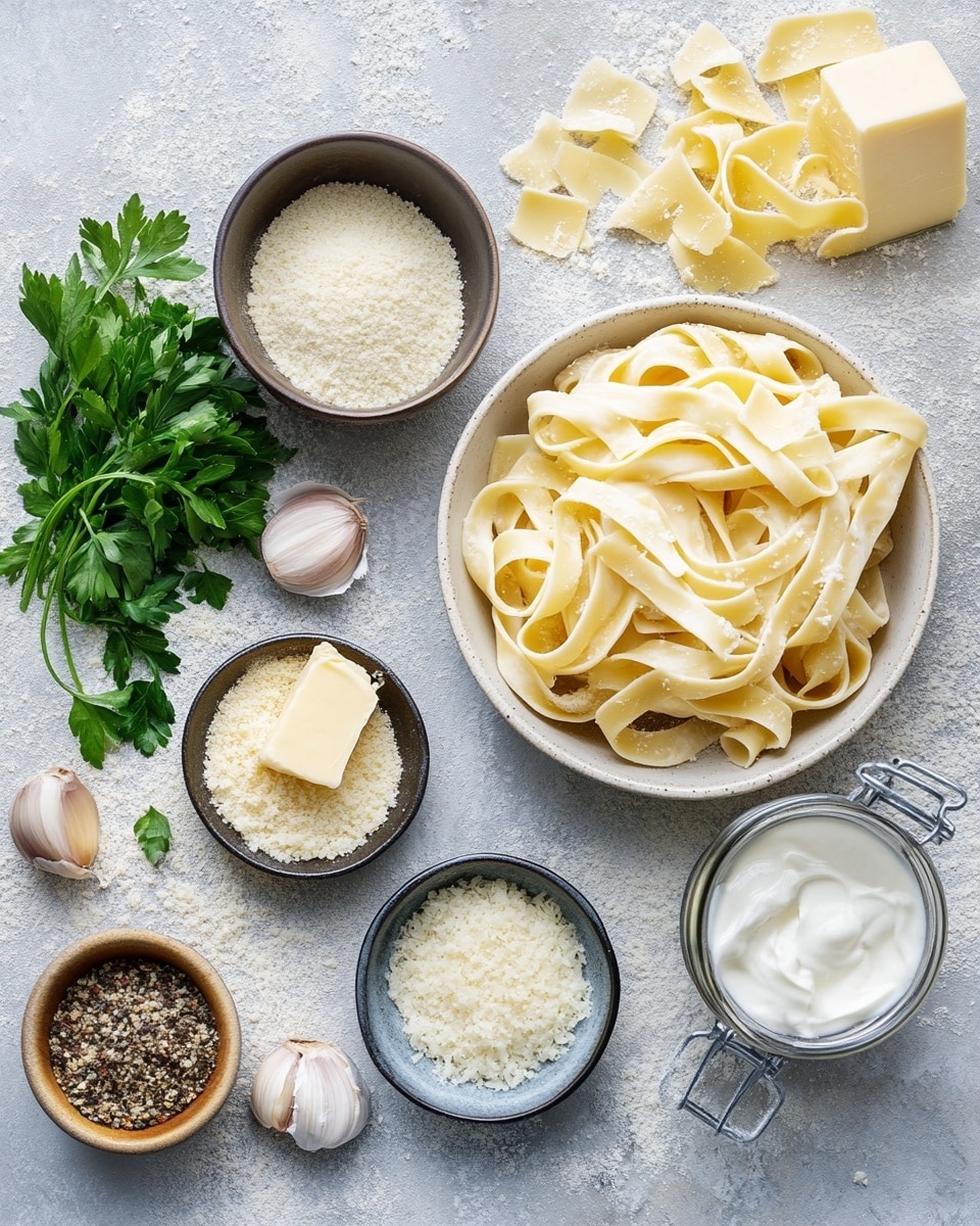 A white bowl holds a creamy pasta dish with three main layers. The bottom layer is thick, yellowish fettuccine noodles twisted into a pile. On top of the noodles is a smooth, pale cream sauce covering several pieces of white chicken slices with black pepper sprinkled on them. The dish is topped with large, light yellow cheese shavings scattered across the noodles and chicken. Small bright green parsley leaves are spread over the top as garnish. The bowl is set on a white marbled surface, with some cheese shavings and parsley pieces visible around it. photo taken with an iphone --ar 4:5 --v 7