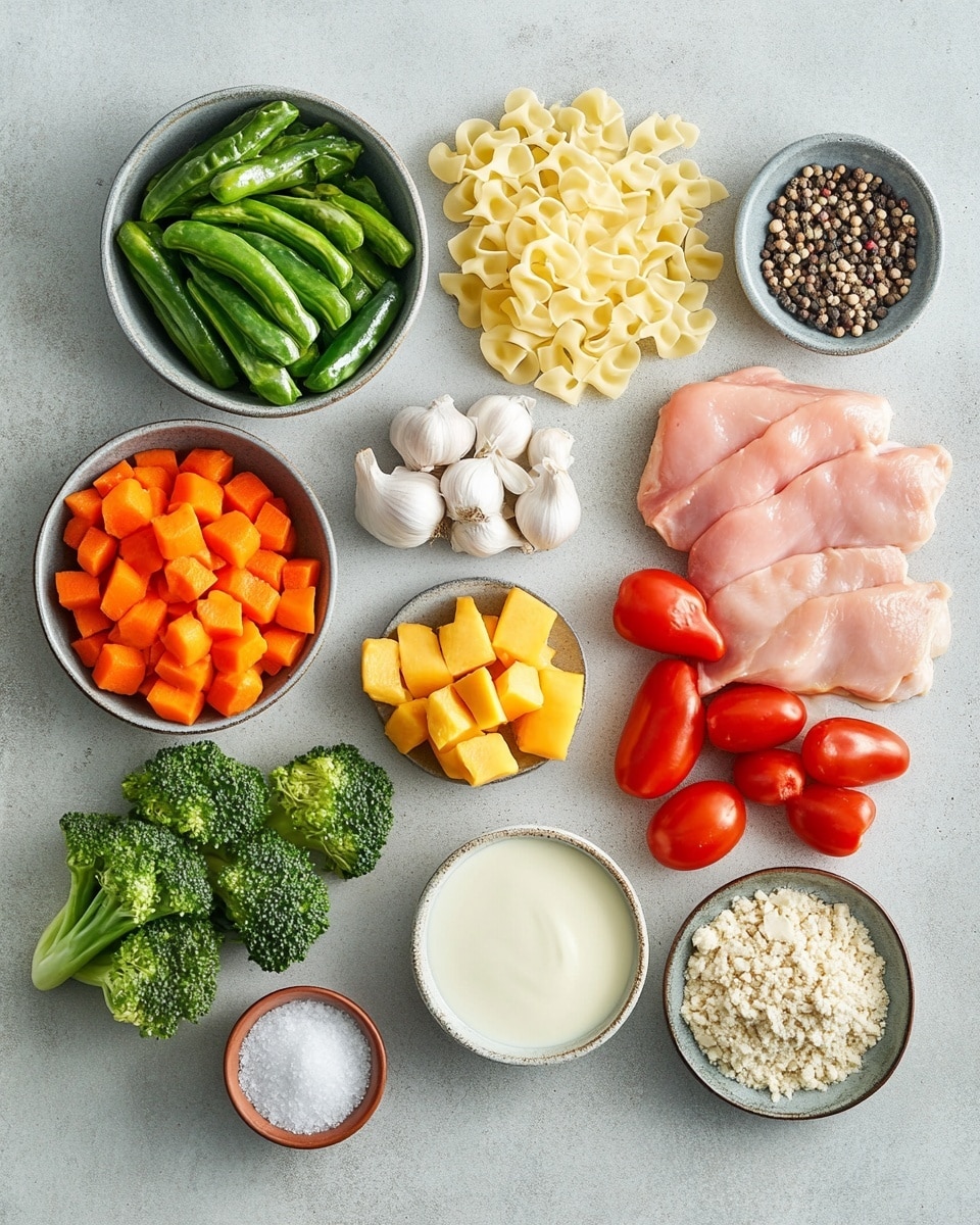 A close-up view of a creamy pasta dish served in a white bowl on a white marbled surface, showing three main layers: the base layer is light orange carrot slices and bright yellow corn kernels mixed evenly throughout, the middle layer consists of spiral-shaped pasta coated in a thick, creamy white sauce with a smooth texture, and the top layer includes pieces of white chicken mixed with green peas and sprinkled with finely chopped green herbs, creating a colorful, rich, and creamy visual. Photo taken with an iphone --ar 4:5 --v 7