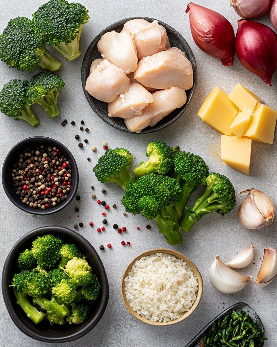 The image shows a close-up top view of a dark frying pan filled with cooked rice mixed with small pieces of light brown cooked chicken and bright green broccoli florets. The rice is light golden with some bits looking slightly moist and soft, spread evenly with the chicken chunks scattered throughout and the broccoli pieces standing out with their bright green color and textured tops. The frying pan rests on a surface with a white marbled texture, and a blue and white striped cloth is partially visible on the right side. The photo taken with an iphone --ar 4:5 --v 7