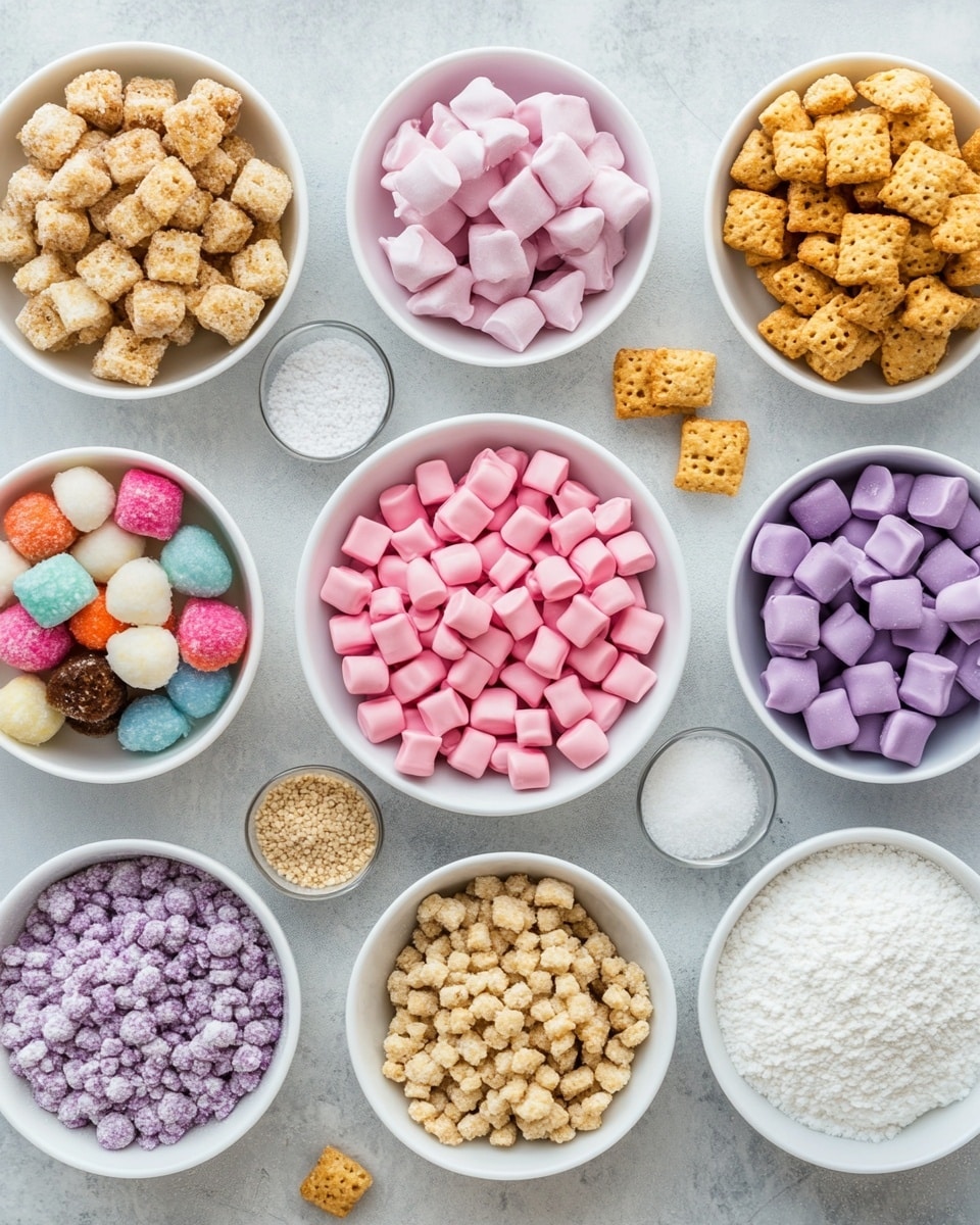 A wooden tray shaped like an egg with three curved sections filled with colorful snack pieces: the top section has purple square clusters covered in a powdery coating, the middle section has pink square clusters with a similar texture, and the bottom section has blue square clusters also dusted with powder. Surrounding the tray are white bowls filled with pastel-colored candy melts in blue, pink, and purple, scattered round candy pieces in matching colors, and pastel-colored speckled eggs in a white nest and bowls. The whole arrangement is set on a white marbled surface with some soft pink fabric draped around for a light, festive look. photo taken with an iphone --ar 4:5 --v 7
