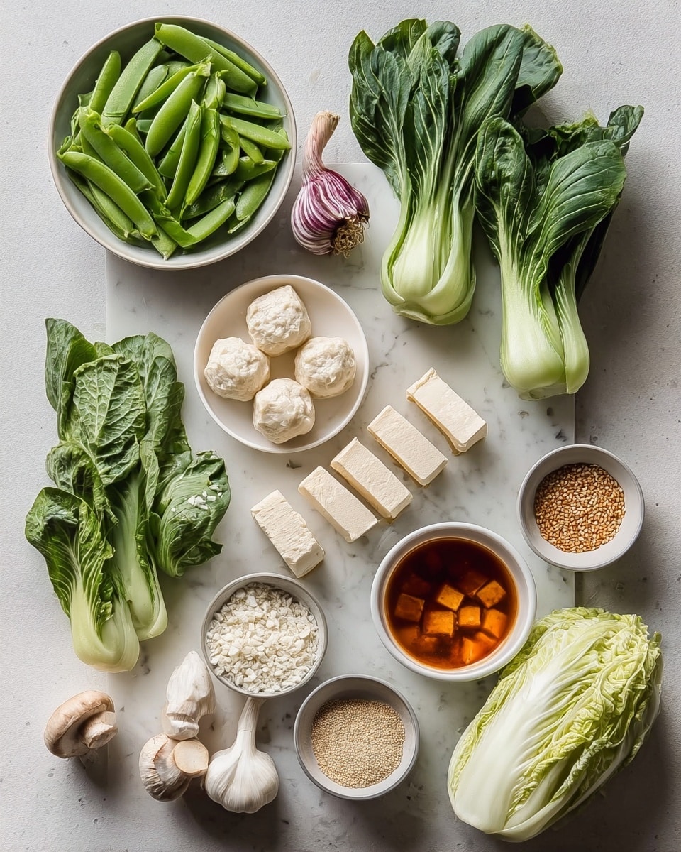 The image shows a flat lay of fresh ingredients arranged on a white marbled surface. There are three small white bowls filled with light-colored grains or seeds positioned in the lower right area. Above them, there is a cluster of nine white, round dumplings with a slightly wrinkled texture. To the left, two large bunches of green bok choy with white stems are placed side by side. Above the dumplings, several white rectangular tofu pieces rest near some green leafy herbs. In the top left corner, a black bowl holds bright green snap peas, some whole and some opened. Below this bowl, there is a head of garlic next to a gray bowl with a reddish-brown broth containing tofu cubes. Along the bottom, three whole white mushrooms and a chunk of napa cabbage with light green and white leaves are seen, completing the spread. photo taken with an iphone --ar 4:5 --v 7