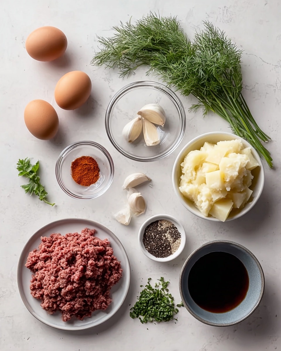 The image shows several ingredients neatly arranged on a white marbled surface. There are two brown eggs and two garlic cloves placed near sprigs of fresh green herbs, likely parsley and dill. Small white bowls hold red paprika powder and cracked black pepper. A white plate carries cubes of pale yellow cheese. Another white plate is filled with raw ground meat that is reddish-brown, while a black bowl contains creamy white mashed potatoes. A small dark bowl has a dark soy sauce or similar liquid. The colors range from natural earthy tones to bright whites and dark browns, all set in simple bowls and plates. Photo taken with an iphone --ar 4:5 --v 7