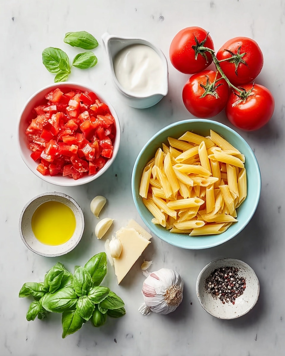 The image shows raw pasta ingredients arranged neatly on a white marbled surface. At the center right, a white bowl is filled with dry penne pasta, pale yellow in color with a smooth texture and angled ends, piled up in one layer. To its left, a white bowl holds chopped fresh tomatoes, bright red with glossy skin, cut into small chunks and filling the bowl fully. Above the tomatoes, there is a small white pitcher containing white cream with a smooth liquid surface. To the right of the pasta bowl, a cluster of four red tomatoes with green stems is placed directly on the surface. Below them, a small white bowl contains golden-yellow olive oil, with a shiny liquid texture. Below the oil, a whole garlic bulb with a pale, rough outer peel sits next to three peeled garlic cloves. To the right of the garlic, a small square piece of pale yellow butter with a small fresh green basil leaf on top rests on the surface. In the middle bottom, a small shallow white dish holds mixed coarse salt and black pepper. Near the pitcher is a bunch of fresh green basil leaves with a glossy texture. All items are spaced evenly to show each ingredient clearly. Photo taken with an iphone --ar 4:5 --v 7