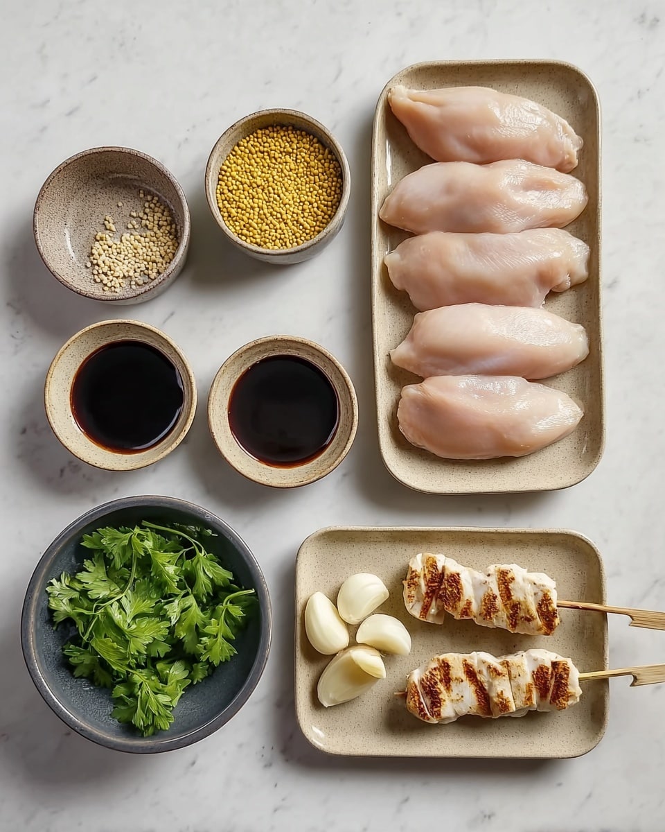The image shows a top view of six dishes on a white marbled surface. On the upper left, there is a small bowl filled with dark brown liquid, likely soy sauce. Next to it on the right is a bowl with light yellow granules, and another bowl on the far right with mixed black and red peppercorns. Below these three dishes is a rectangle white plate holding eight pieces of raw, pale pink chicken. Below this plate, on the left side, there is a white bowl filled with fresh green cilantro leaves. Lastly, on the bottom right, there is a white rectangular plate with three grilled chicken skewers, golden brown on top, and beside them are several cloves of garlic, some peeled and some unpeeled. Photo taken with an iphone --ar 4:5 --v 7