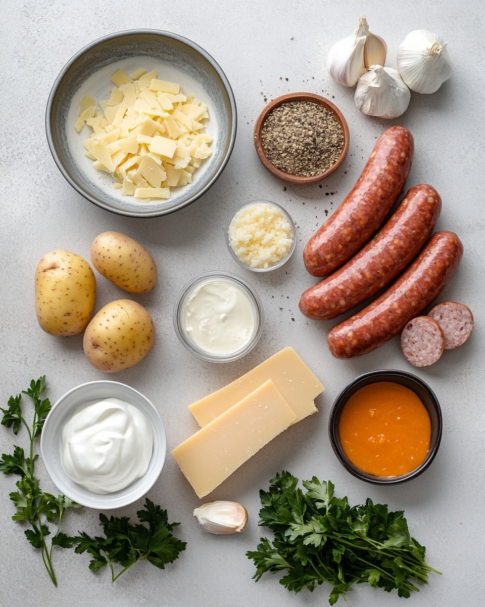A white plate with a thin blue rim holds a dish of small roasted potato wedges as the base layer, golden yellow with specks of brown skin visible. The second layer is melted cheese, creamy off-white and bright yellow, covering the potatoes with a shiny, smooth texture. Scattered on top are slices of browned, slightly crispy sausage rounds, reddish-brown with a glistening surface. A light sprinkle of green herbs adds a touch of color over the dish. The plate rests on a white marbled surface. photo taken with an iphone --ar 4:5 --v 7