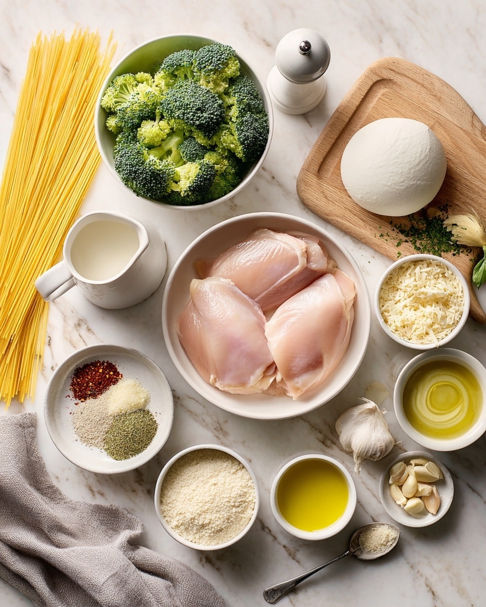 A white bowl in the center holds two raw, pink chicken pieces, smooth and shiny. To the left, a bowl full of bright green broccoli florets with some light stalks is visible. Long, uncooked yellow spaghetti noodles spread horizontally under a white pepper grinder near the top. To the right, a white bowl contains a large blob of smooth white cheese. Various small bowls and plates surround the main bowl: chopped white onions, small pale yellow garlic pieces, grated pale yellow cheese, some golden oil, and small amounts of flour. A beige plate holds four spoons with red, yellow, and green spices, along with coarse salt. A small white pitcher with milk is at the bottom left, and a soft gray cloth is placed near the bottom right. The entire arrangement is on a white marbled surface photo taken with an iphone --ar 4:5 --v 7
