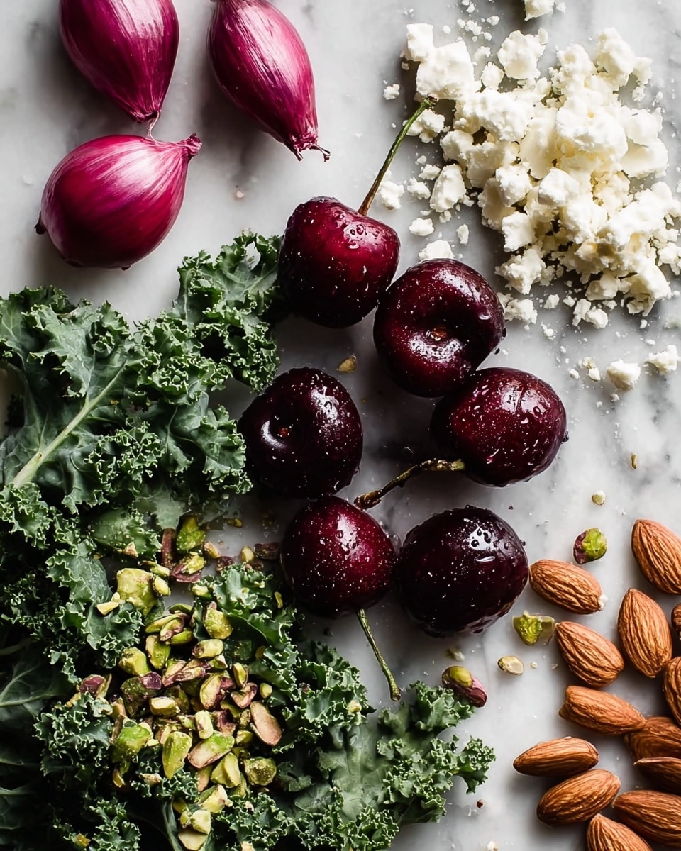 The image shows an assortment of fresh ingredients laid out on a white marbled surface. Starting from the top left corner, there are three peeled shallot halves with their light purple and white layers visible. Below them, a generous bunch of curly dark green kale spreads toward the middle of the frame, sprinkled lightly with a few pieces of pale white cheese and some small green pistachio nuts. To the right of the kale, there is a cluster of dark red cherries with water droplets on their shiny skin, some halved to show their juicy inner flesh. Scattered around are more pistachio nuts, some whole and some partially cracked. At the bottom right, whole almonds form a small pile with their light brown textured shells. The scene is bright and fresh, showing natural textures and colors in a casual, artistic arrangement photo taken with an iphone --ar 4:5 --v 7