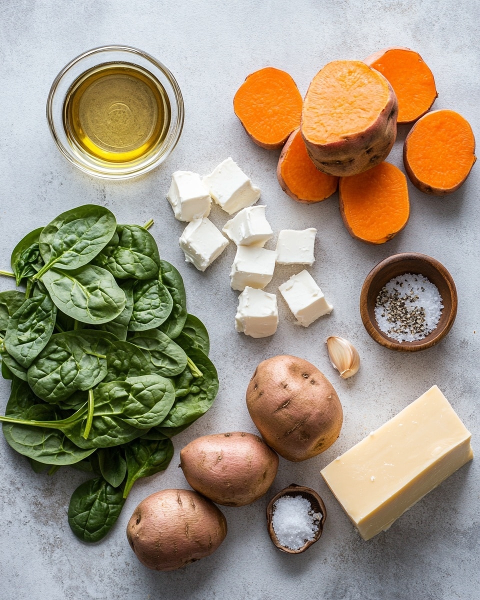 Two halves of roasted sweet potato are placed side by side on a black plate resting on a white marbled surface. Each half shows a thick, bright orange inner layer with a visible skin layer at the bottom edge. On top of the orange layer, there is a layer of cooked dark green leafy vegetables. Above this is a creamy, melted layer of light-colored cheese mixed with sliced brown mushrooms. The cheese looks soft and slightly glossy, with a few specks of white salt on top. The mushrooms are sliced thinly, showing both smooth brown tops and lighter undersides. Photo taken with an iphone --ar 4:5 --v 7