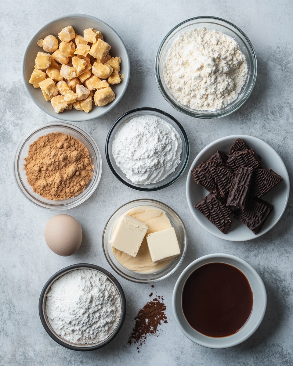 A slice of creamy dessert pie with three clear layers sits on a white plate with slight crumbs around the edges. The bottom layer is dark, crumbly, and textured like chocolate cookie crust. The middle layer is thick, light beige, and smooth with small dark chocolate bits mixed inside. The top layer is sprinkled with uneven pieces and chunks of orange and dark chocolate candy, adding texture and color contrast. A silver fork lies on the plate next to the slice. The background shows the rest of the pie blurred out on a white plate, all set on a white marbled surface. Photo taken with an iphone --ar 4:5 --v 7