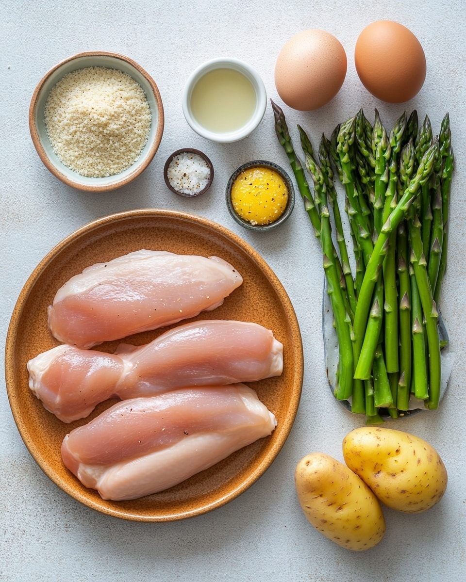 The image shows a single layer of a baking sheet filled with four golden brown, crispy breaded chicken fillets arranged in the center and right side; the fillets have a crunchy texture with small green herb sprinkles. To the left of the fillets is a layer of roasted asparagus spears, long and green with some charred spots. Scattered on the top right and bottom right of the baking sheet are small roasted baby potatoes, halved, showing a browned and slightly crispy outer skin. The entire tray rests on a white marbled surface. photo taken with an iphone --ar 4:5 --v 7