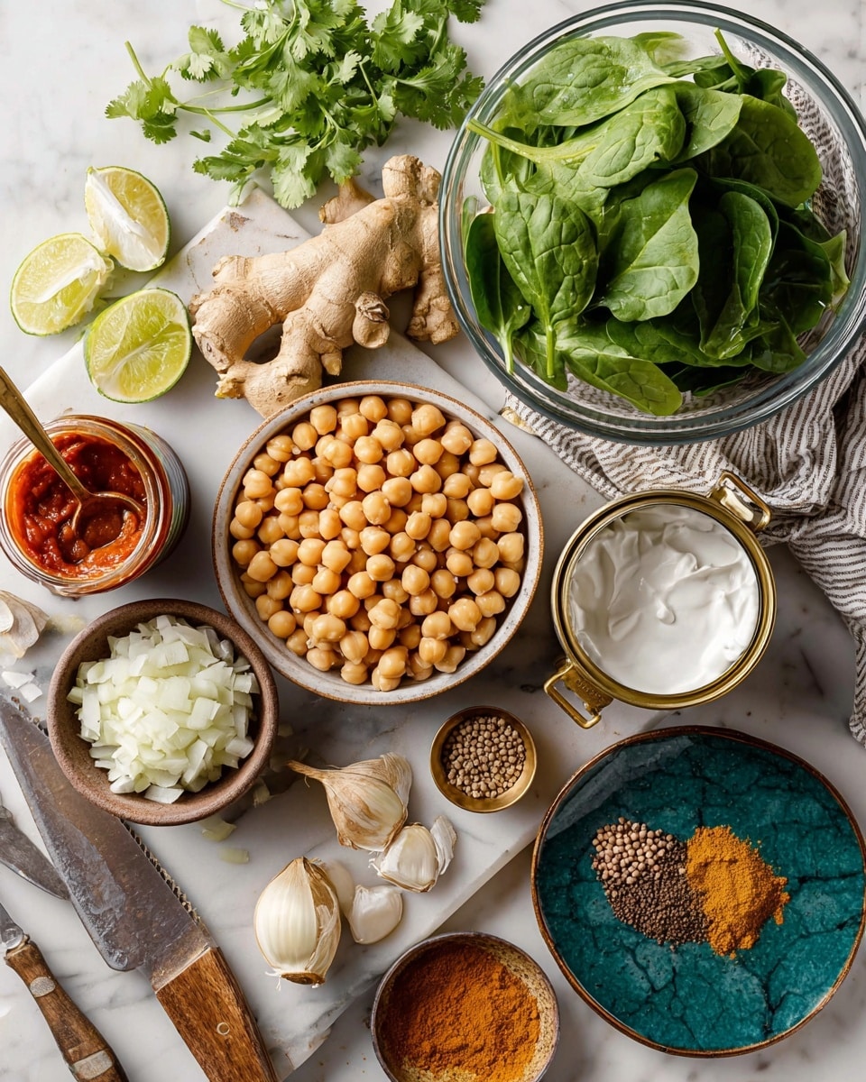 The image shows a top view of various fresh ingredients arranged on a white marbled surface. In the center right, there is a copper pan filled with golden chickpeas, with some scattered around it. Below the pan, a round bowl holds white diced onions and a halved green lime with whole lime on top, next to fresh cilantro with leafy stems extending out. To the right, a clear bowl is filled with fresh dark green spinach leaves showing their smooth texture. Above the copper pan, a striped kitchen towel is loosely folded. On the left side, there is a small plate holding a whole white garlic bulb and two separated cloves. Next to it, there are several small bowls and a can: a bowl with a reddish tomato sauce, a bowl of yellow-brown curry powder, a bowl with brown cumin seeds, an open can of thick white coconut cream, and a bowl with brownish ground spice, with a small brass spoon inside. A piece of fresh ginger root completes the arrangement on the top left corner. The knife with a wooden handle lies near the pile of onions and herbs. Photo taken with an iphone --ar 4:5 --v 7