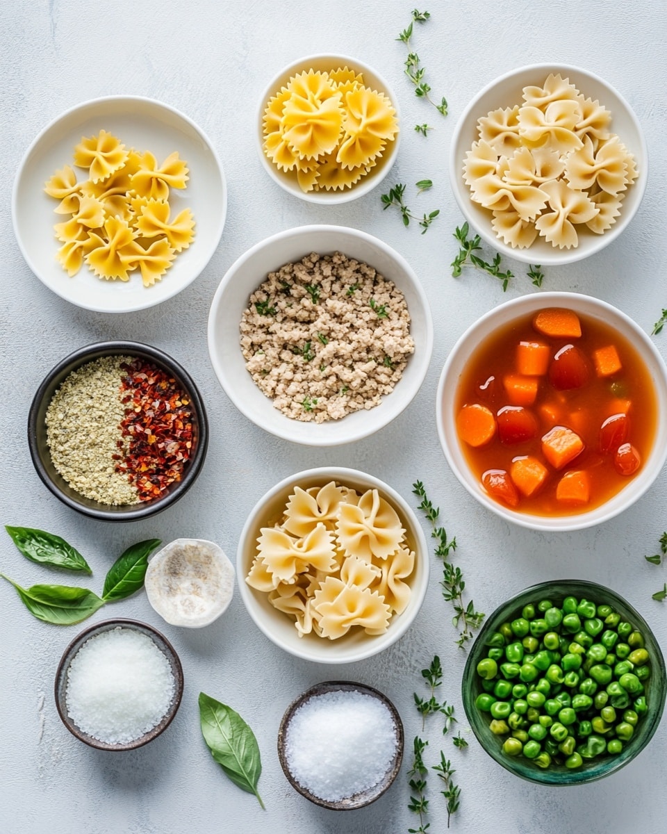 A white bowl filled with a colorful soup showing three visible layers: the bottom layer of rich orange-red broth lightly covering the ingredients, the middle layer of mixed vegetables like green peas, corn, green beans, and small diced orange carrots, and the top layer of yellowish bowtie pasta pieces and finely crumbled cooked ground meat scattered across the whole surface. The bowl is placed on a floral cloth on a white marbled surface, near a small white bowl containing grated cheese, with a gold spoon beside it. Photo taken with an iphone --ar 4:5 --v 7