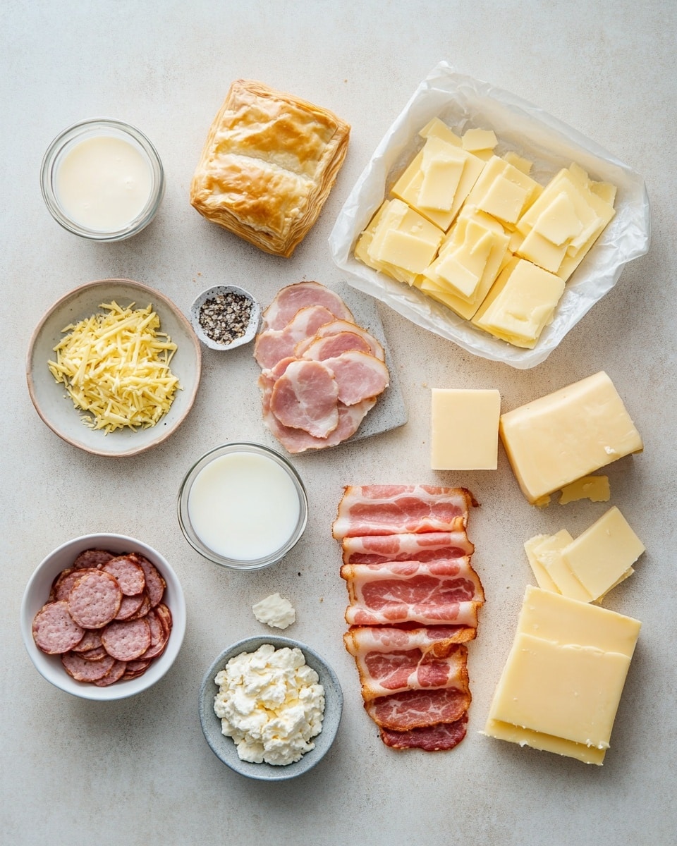 A close-up view of a golden brown, flaky pastry pocket held in a woman's hand, showing two halves with a visible filling inside. The filling has three layers: small pieces of cooked sausage and browned bacon bits on top, a middle layer of melted yellow cheese with some white cheese chunks, and a bottom layer of soft scrambled eggs. The outside pastry is crisp with light flaky layers. In the background, on a white marbled surface, there are more whole pastry pockets with the same golden top, resting on a silver metal baking tray lined with parchment paper. To the bottom right corner, part of a white bowl with yellow and white shredded cheese is visible. Photo taken with an iphone --ar 4:5 --v 7