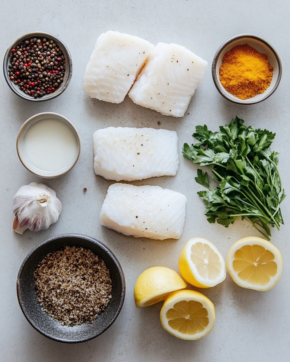The image shows a close-up view of four pieces of golden-brown seared fish fillets arranged in a white rectangular dish. Each fillet has a crispy, lightly browned top layer with small black pepper specks and is garnished with small green herb leaves. They sit in a light, creamy, yellowish sauce that has small chunks of yellow ingredients and scattered green herbs. The dish is placed on a white marbled surface. photo taken with an iphone --ar 4:5 --v 7