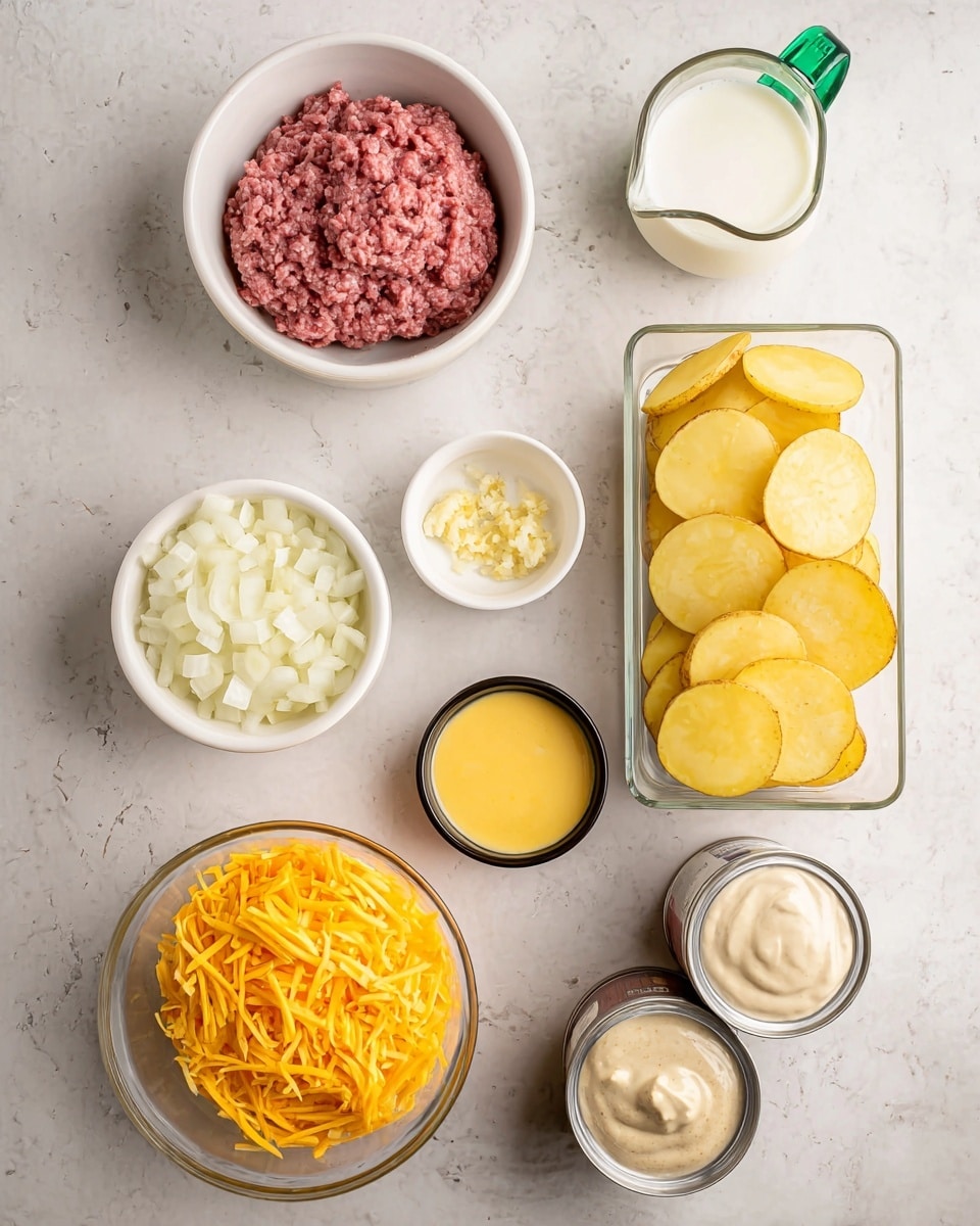 A top-down view of different ingredients arranged on a white marbled surface, including one small bowl with red raw ground meat, one white bowl filled with bright orange shredded cheddar cheese, one gray bowl with finely chopped white onions, and a small white bowl containing minced garlic. There are thin yellow potato slices soaking in water inside a clear rectangular container. Surrounding these are a small glass of white milk in a green measuring cup, a small dish with yellow melted butter, a can with creamy white liquid, and a glass jar filled with thick beige gravy. All items are neatly spaced and lit well to show their textures clearly. Photo taken with an iphone --ar 4:5 --v 7