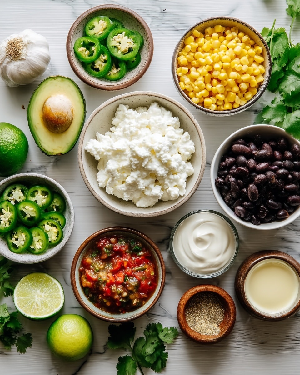 The image shows an arrangement of ingredients on a white marbled surface. In the center is a beige bowl filled with white cottage cheese that has a chunky texture. Around it are small white bowls containing yellow corn kernels, bright green sliced jalapeños, and a scoop of red and green salsa. There is a brown bowl on the right filled with shiny black beans and a woman's hand is reaching from the right holding a silver spoon. Half an avocado with a large pit, a whole lime, and two lime halves are placed near the bowls. Small glass containers hold a reddish-brown spice, a pale yellow sauce, and a light tan powder. Fresh green cilantro leaves and a white garlic bulb add more color to the layout. The composition is well-lit and softly natural. photo taken with an iphone --ar 4:5 --v 7
